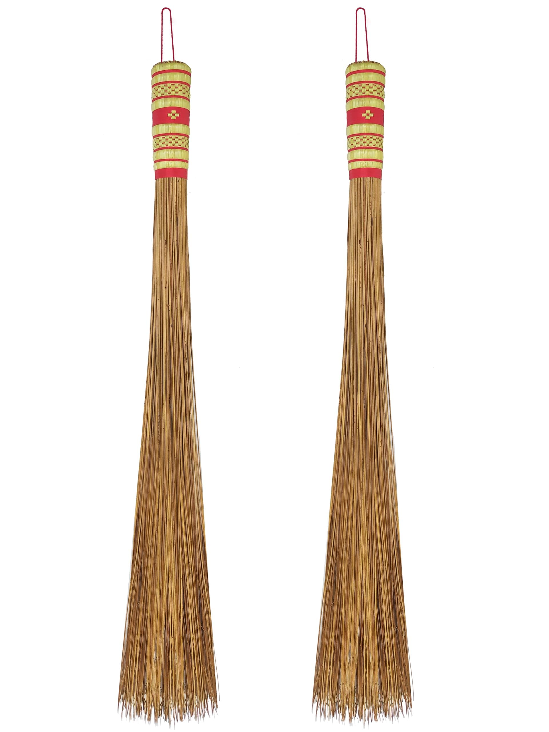 2 Piece 32 inch Multi-Surface Sturdy Outdoor Authentic Coconut Leaf Broom Asian Heavy Duty Broom Thai Natural Coconut Leaf Broom (Country Rustic)