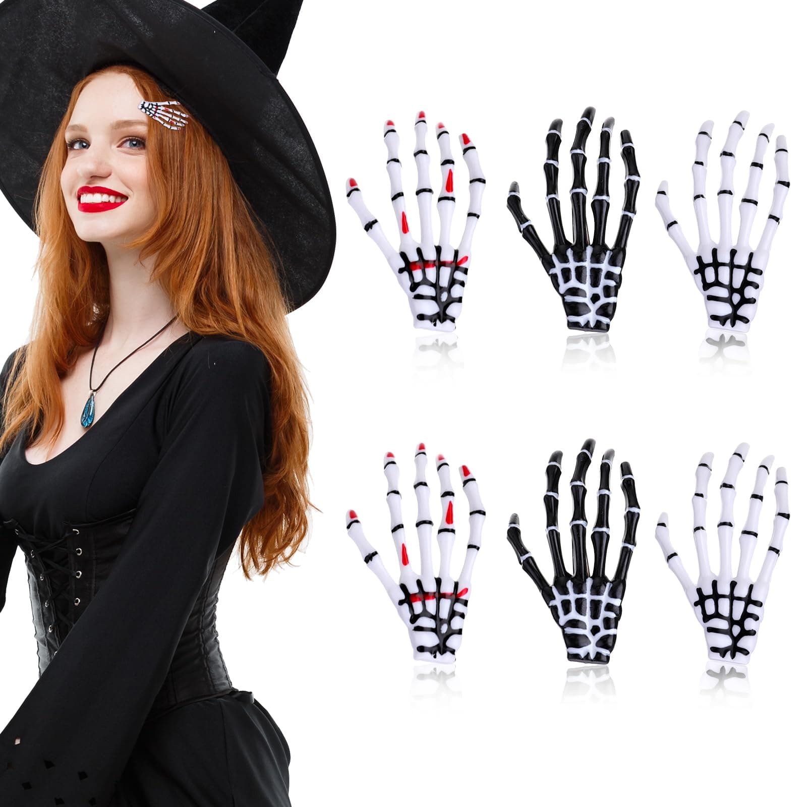 SibbaGothic Skeleton Hands Bone Hair Clips, 6Pcs Punk Rock Devil Claw, Zombie Bone Alligator Barrettes for Women Girls, Halloween Party Accessories