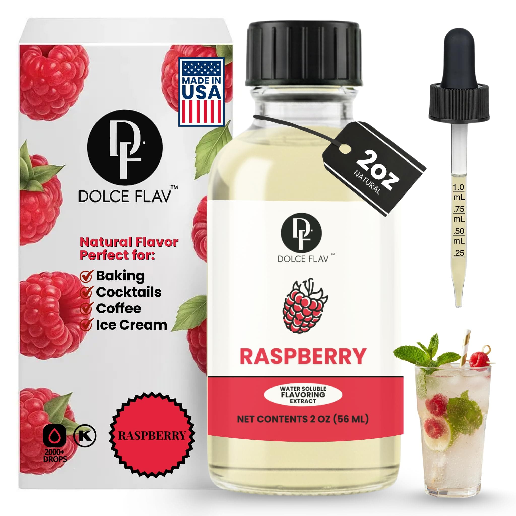 Natural Raspberry Extract 2 oz – Kosher, Sugar-Free, Concentrated Tart Raspberry Flavoring for Baking, Beverages & Desserts, Includes Measured Dropper