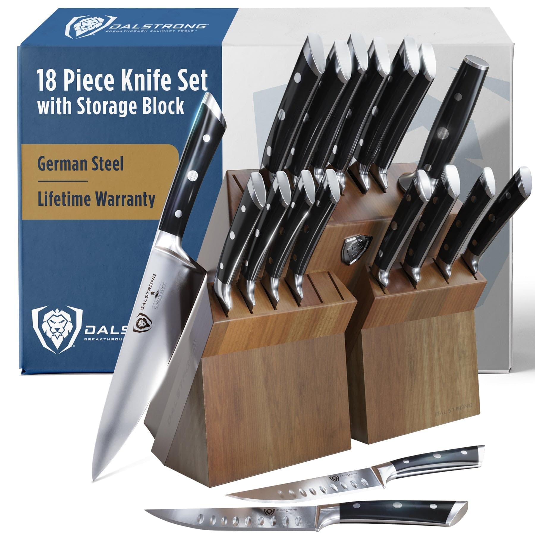 18-Piece Kitchen Knife Set Block - High Carbon German Steel Full Tang - Acacia Wood Knife Block Set - Black Handles ABS Gladiator Series - Professional NSF Knives set for Kitchen Cuchillos