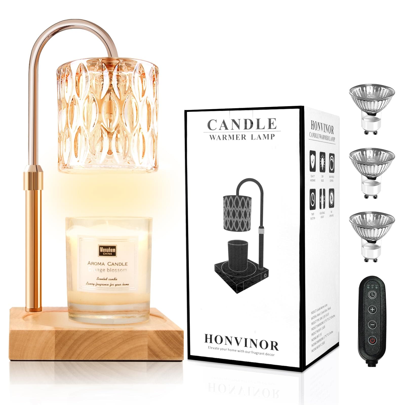 Candle Warmer Lamp, Candle Warmer Light with Timer & Dimmer, Candle Warmer Lamp Adjustable Height, Compatible with Jar Scented Candles, Candle Warming Lamp with 3 Bulbs for Home Decor