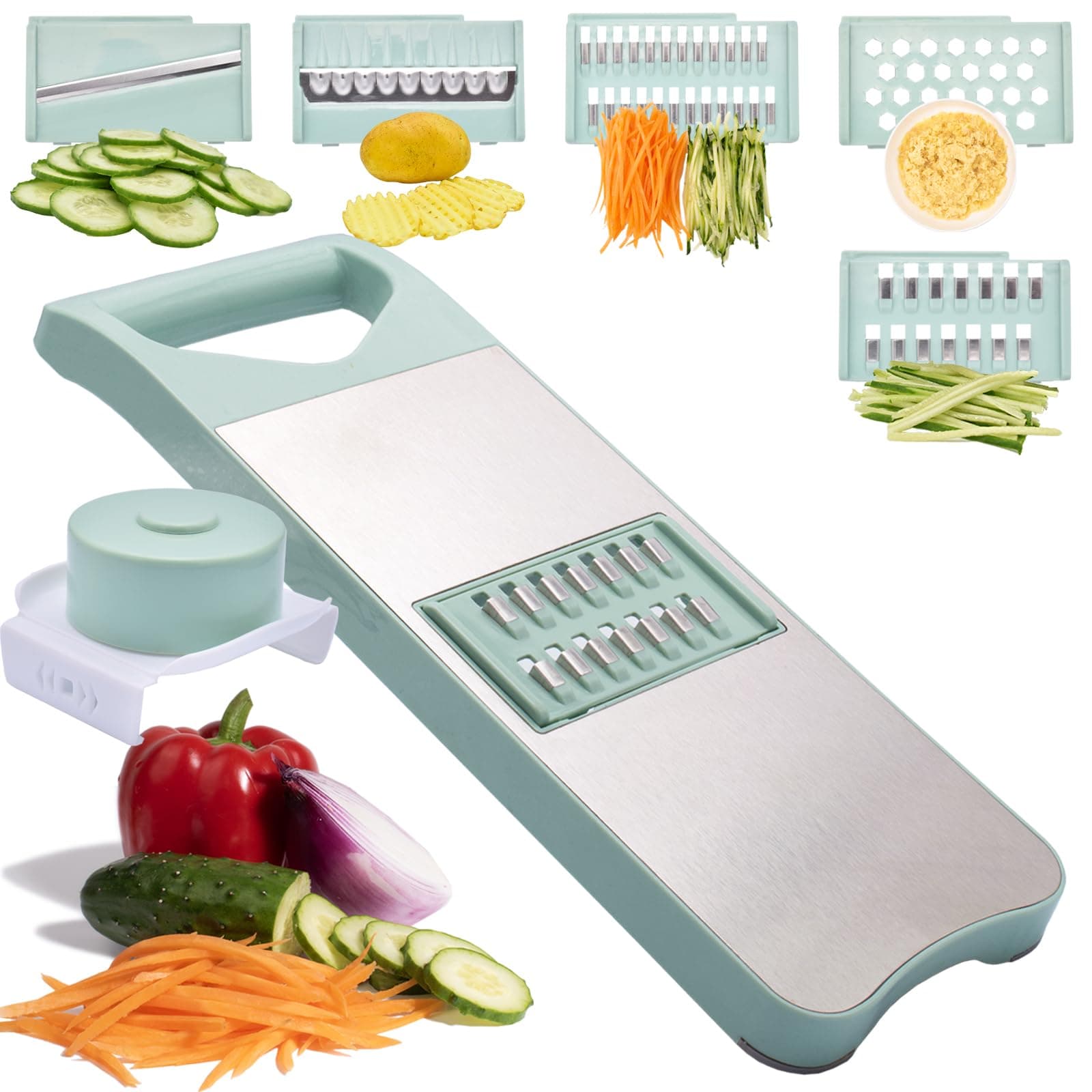 NACOLUS Multi-Purpose Mandoline Slicer for Kitchen with Slide-On Hand Guard - Vegetable Chopper, Potato/Onion/Garlic Slicer, Kitchen Grater(Multi-Color) (Seafoam green, 5-in-1)
