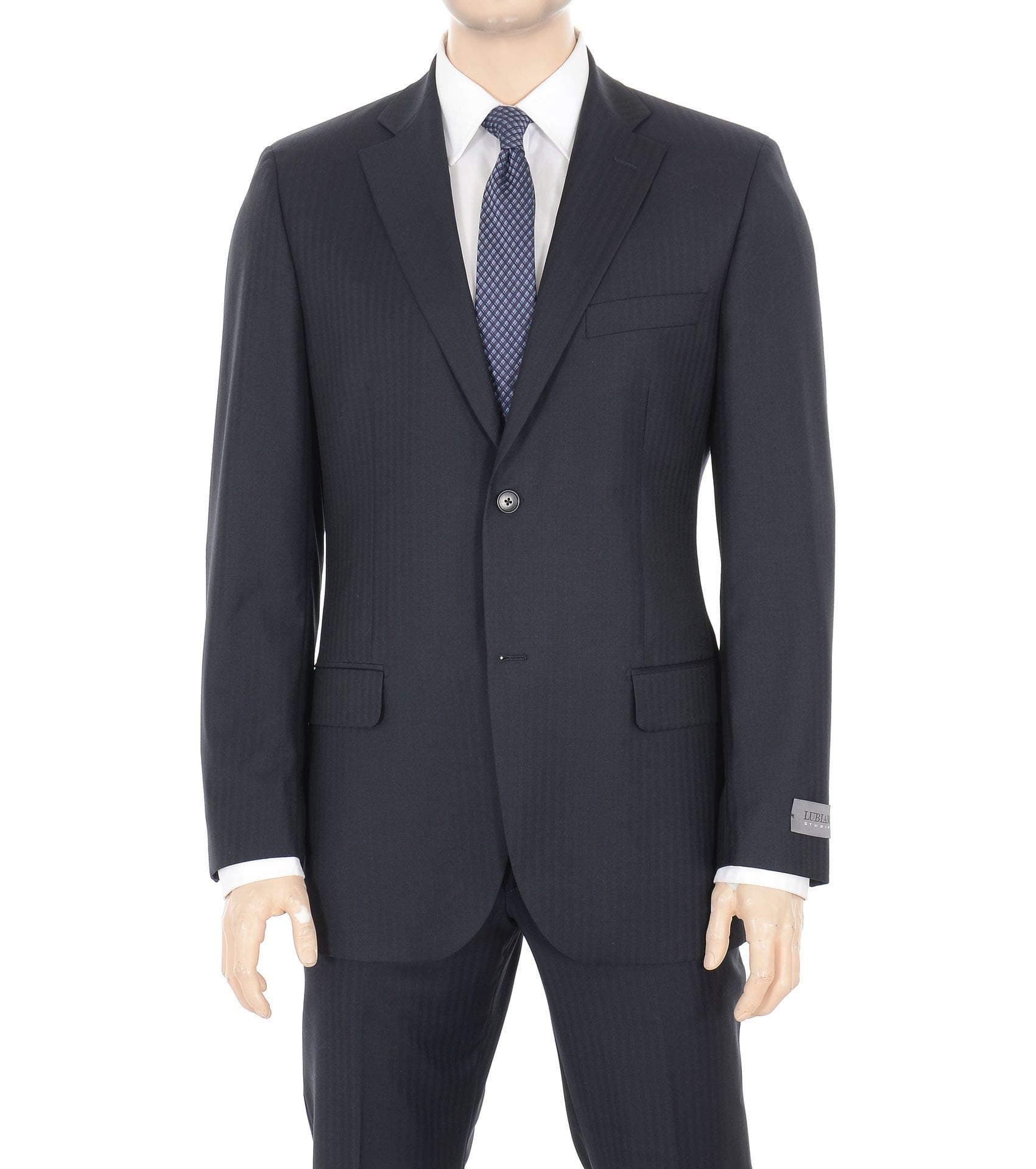 Lubiam Studio Slim Fit Navy Blue Tonal Striped Two Button Wool Suit Italy