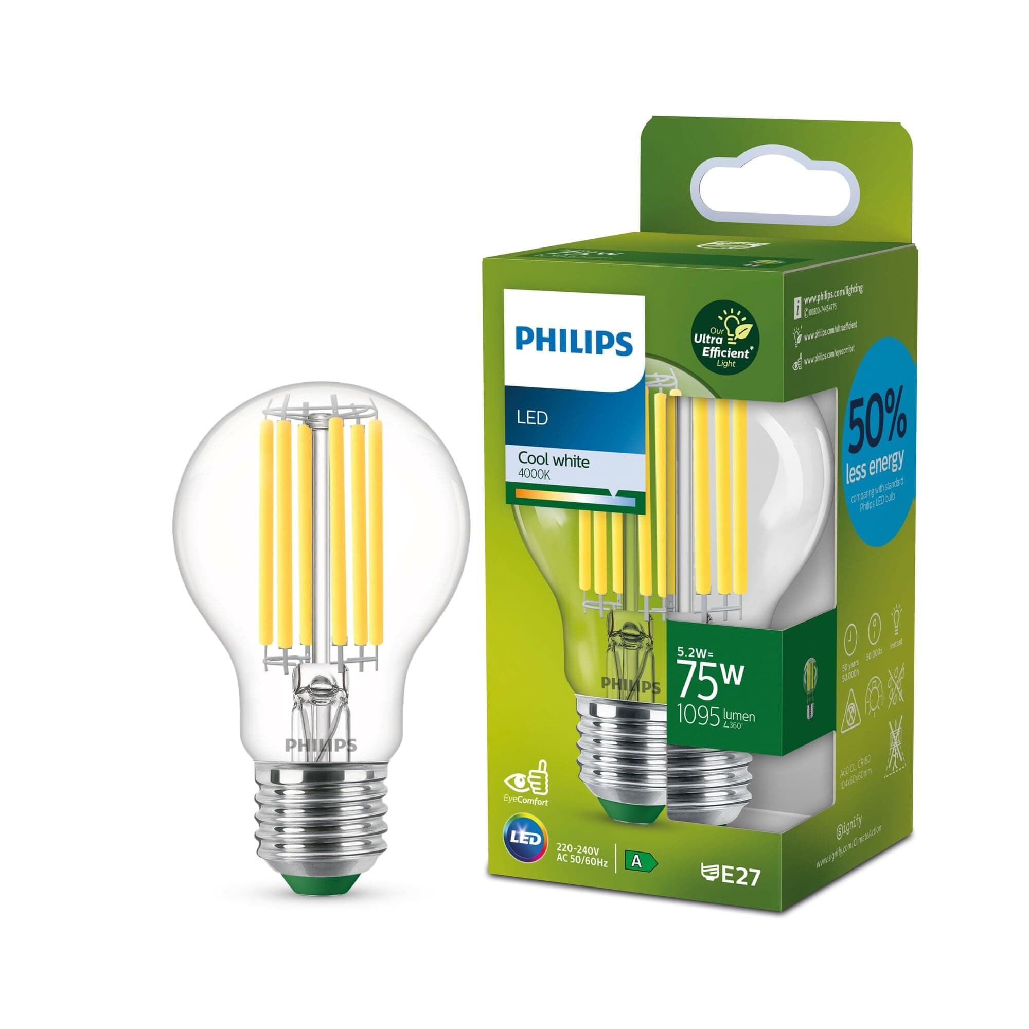 LED Classic Ultra Efficient E27 Bulb Energy Efficiency Class A Replaces 75 W Clear Cool White