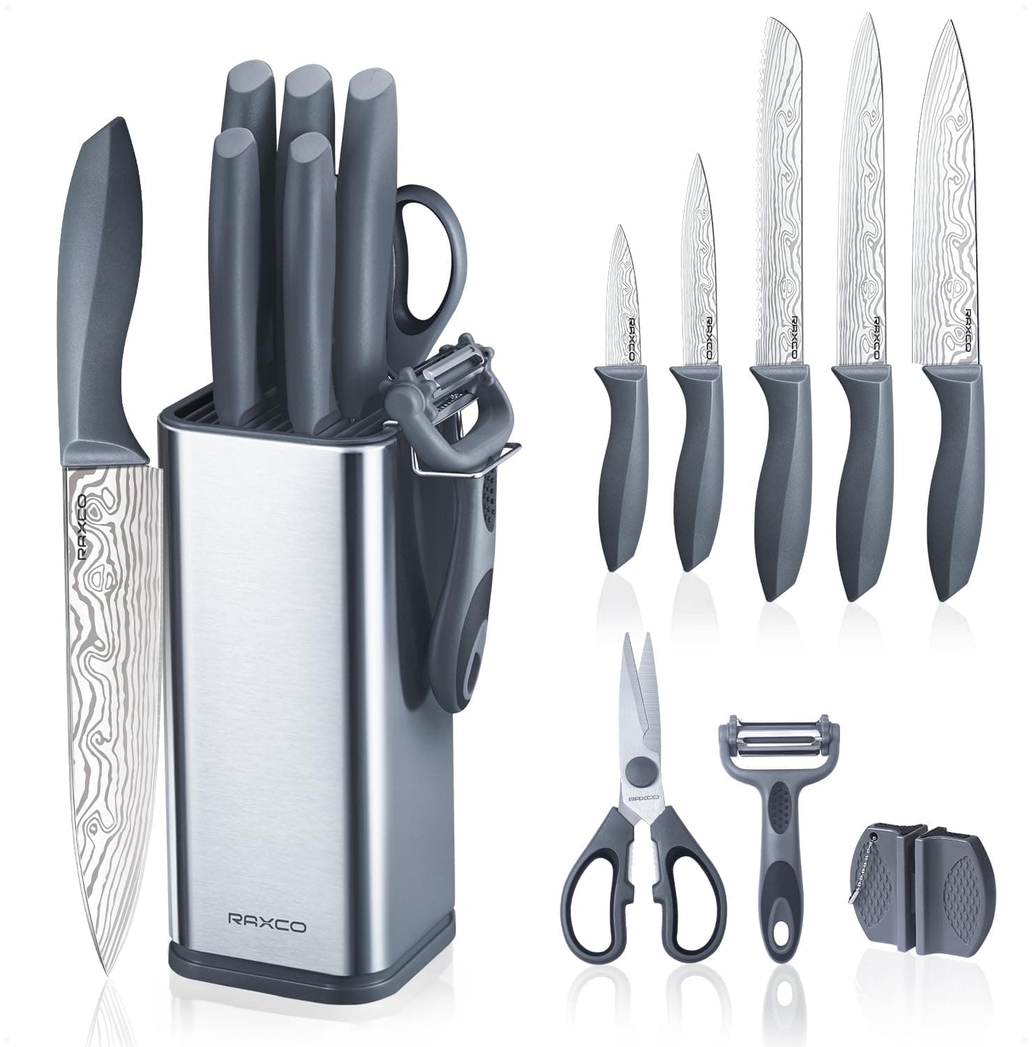 RAXCO Knife Set with Block, 10-Pieces kitchen knife set with chef knife kitchen Scissors Knife Sharpeners,Perfect for Apartment Flat condo tiny kitchen