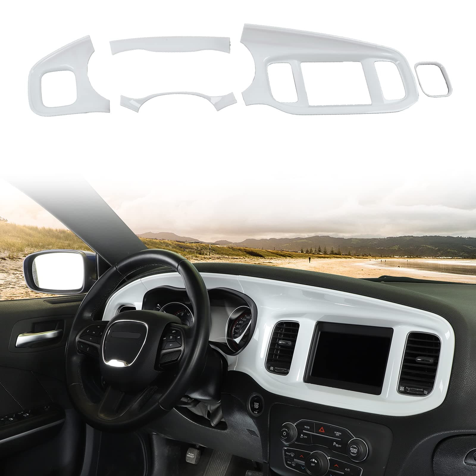 JWWY for Charger Center Consoles Dash Board Dashboard Instrument Gauge Cluster Dash Fascia Trim Panel Garnish Bezel for 2015-2026+ Dodge Charger Interior Accessories, ABS White 5pcs