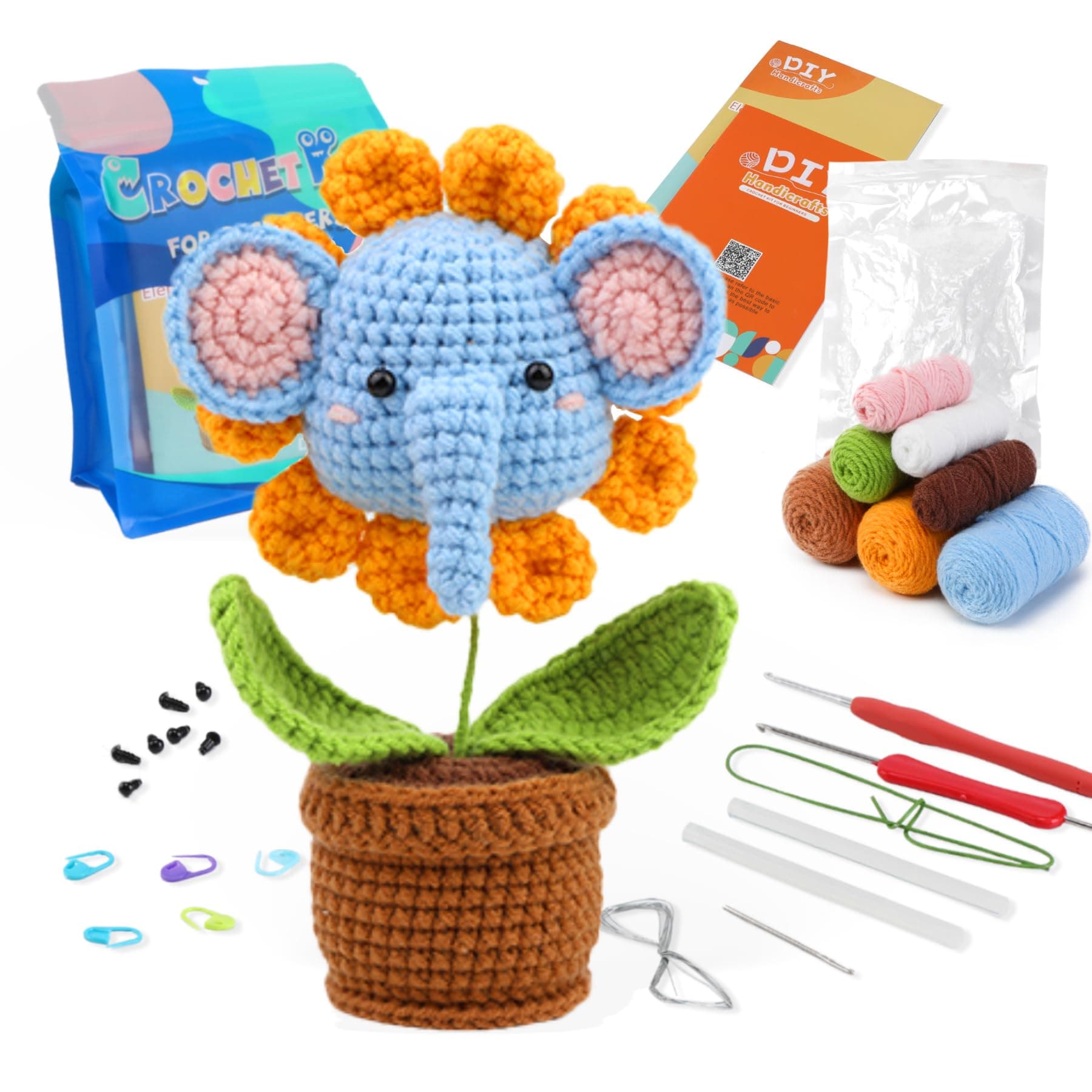 ALAGIRLS Crochet Kit for Beginners, Beginner Crochet Starter Kit with Step-by-Step Video Tutorials, Crochet Kits for Adults and Kids, DIY Knitting Supplies, Elephant Plant