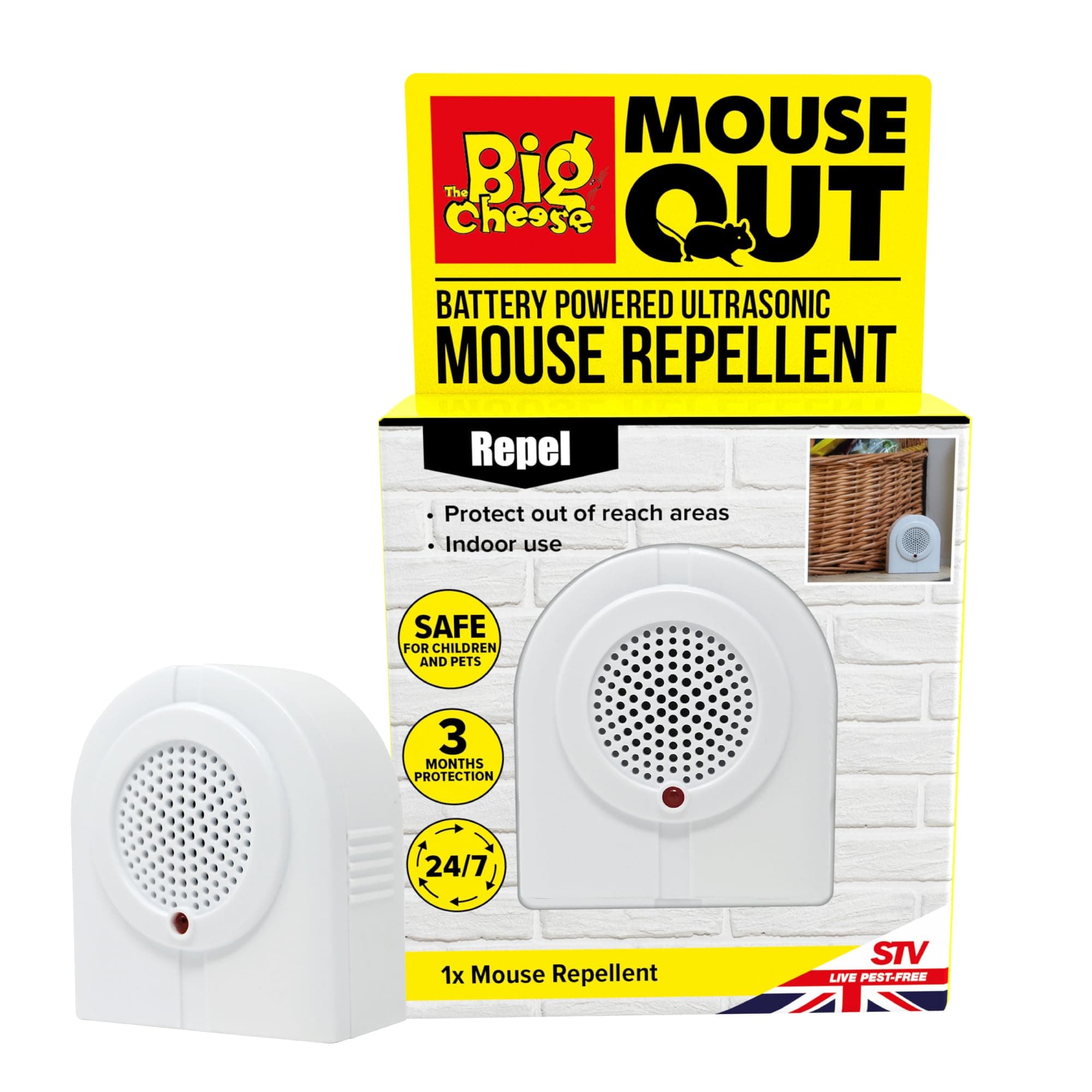 The Big Cheese Mouse Out Battery Powered Mouse Repellent - Portable Ultrasonic Rodent Deterrent - Long-Lasting 3 Month Protection – Safe for People & Pets - Ideal for Attics, Sheds, Garages