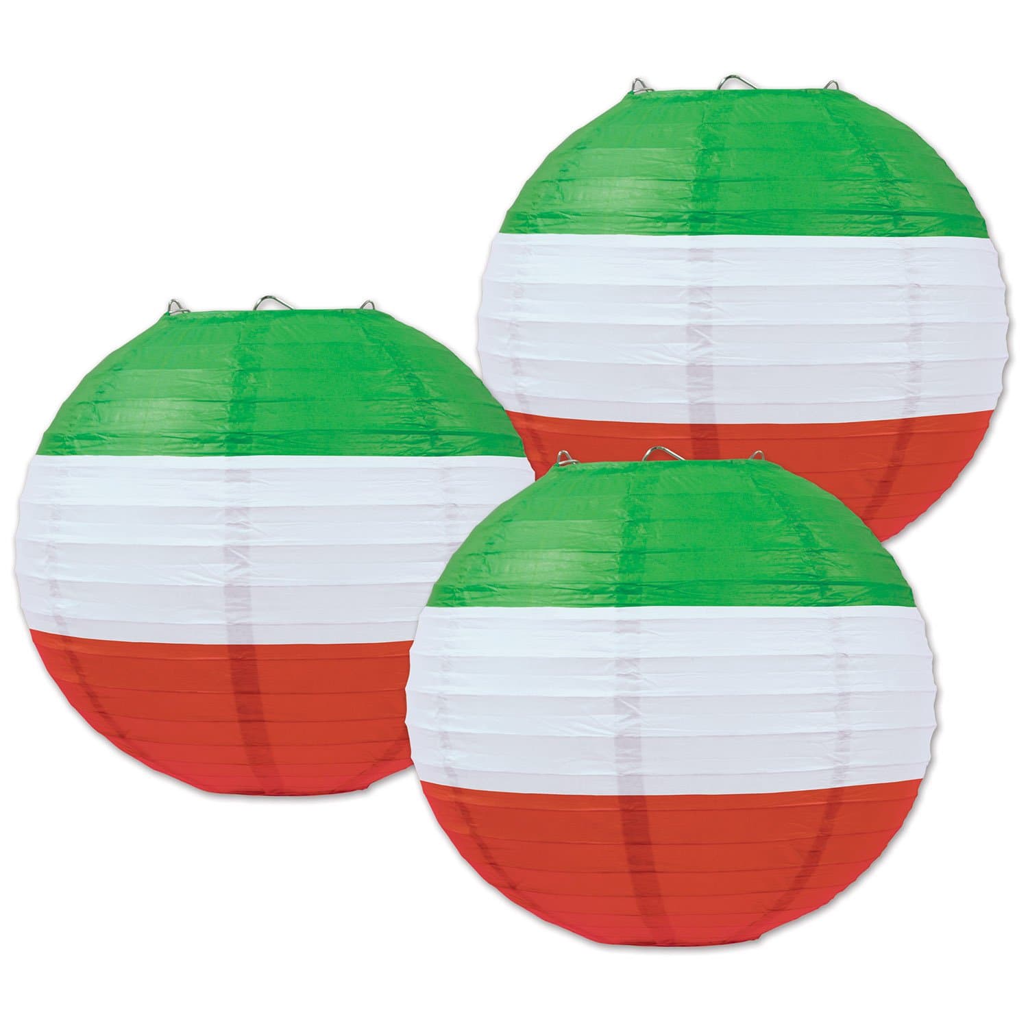Beistle Multicolored Round Shaped Paper Lanterns, 9 1/2-Inch, Red/White/Green