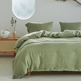 Simple&Opulence 100% Linen Bed Cover Duvet Cover Set 3pcs with Coconut Button Closure Natural French Washed Flax Solid Color Soft Breathable Farmhouse Bedding - Sage Green, King Size