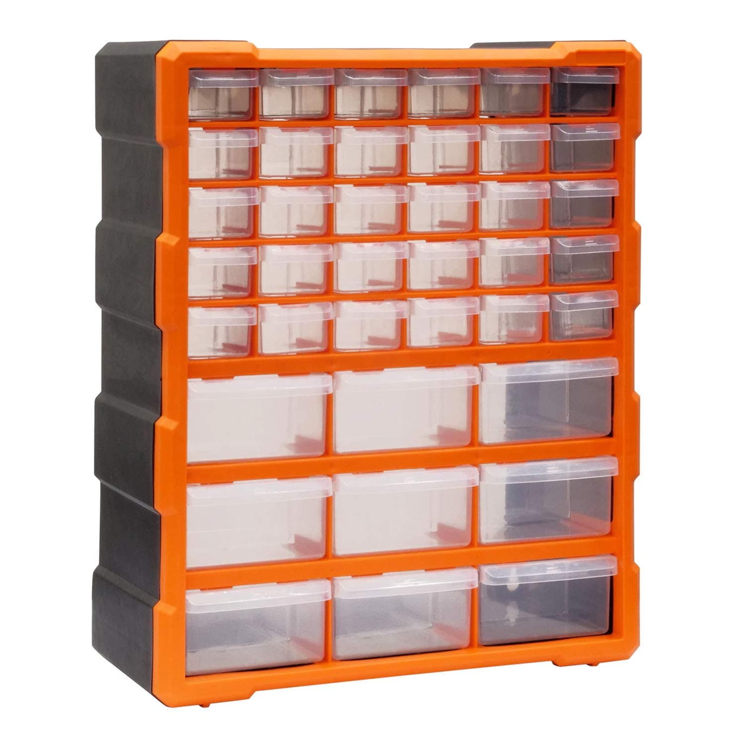 39 Drawer Organiser for DIY Tool Bits Plastic Storage Units - Workshop Screws and Small Parts Cabinet or Office Stationary Craft Box Black/Orange