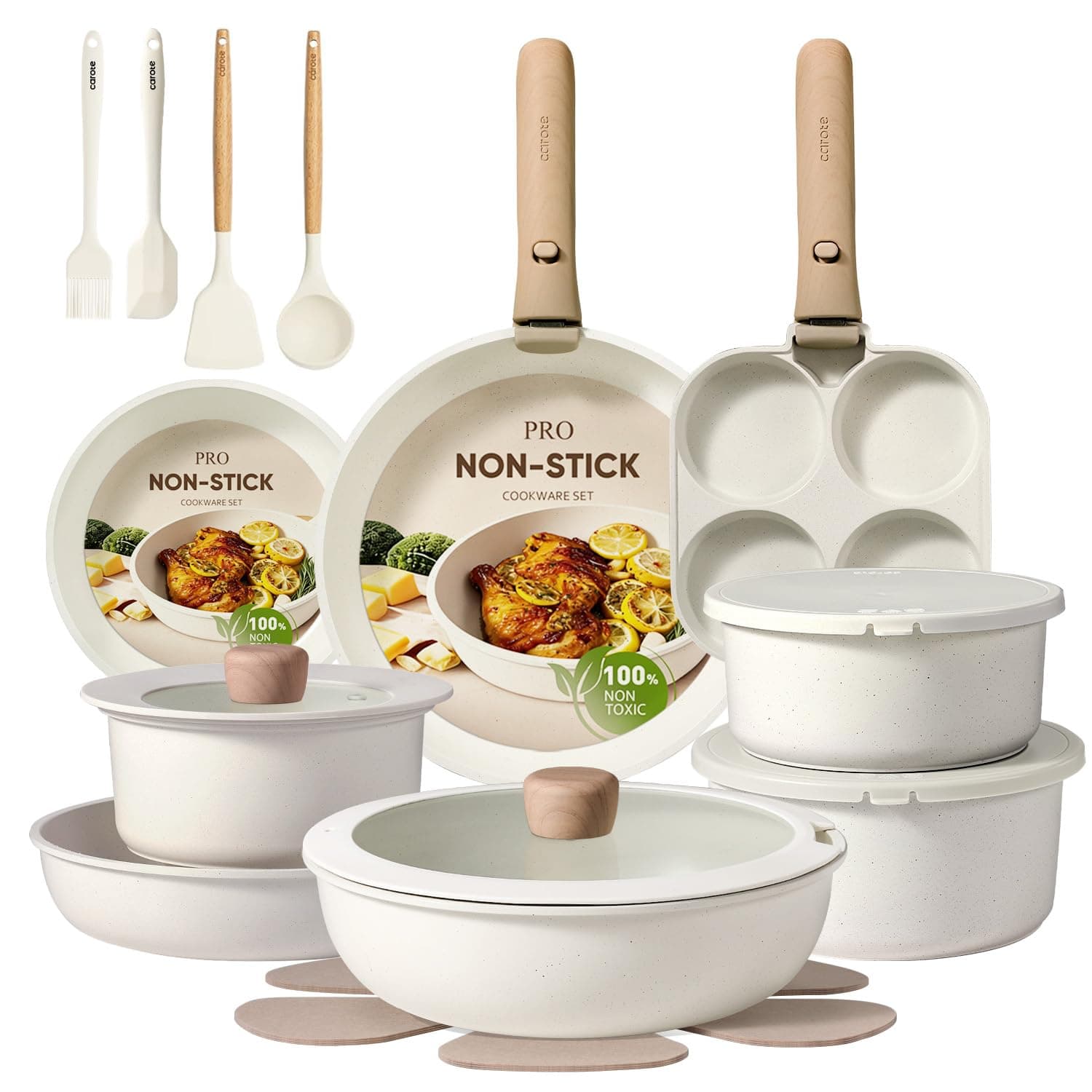 CAROTE Pots and Pans Set Non Stick, Cookware Sets, Kitchen Set, Oven/Dishwasher/Fridge Safe, Space Saving Pots Set, Nonstick Set with Versatile Detachable Handle, Induction RV Set, Cream