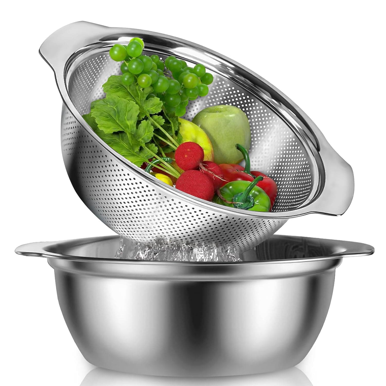 Stainless Steel Colander With Handle, 23CM Micro-Perforated Strainer Colander Set with Mixing Bowl, Great for Draining Cooked Pasta, Noodles,Washing Vegetables, Fruits