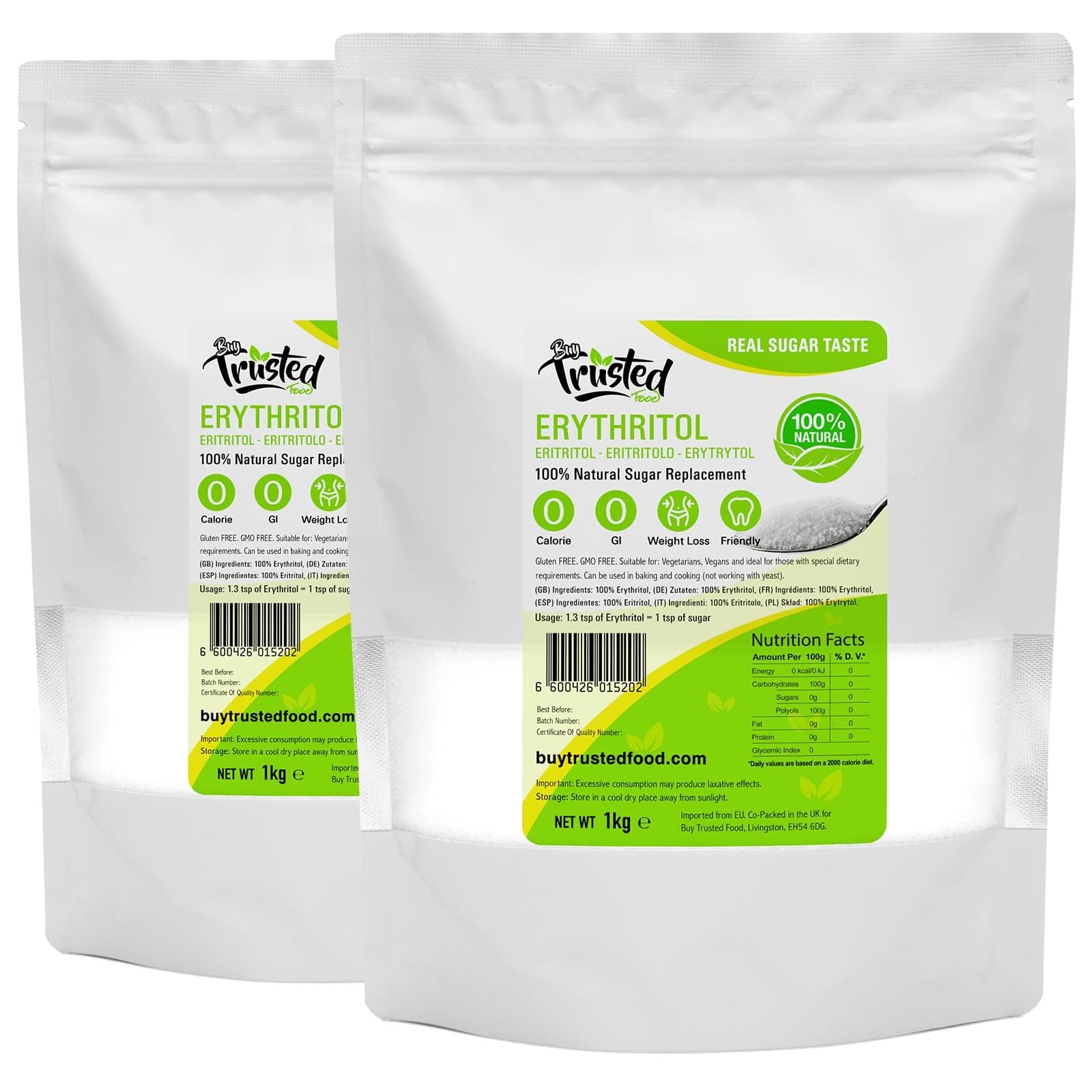 Erythritol 2kg - ZERO Calorie 100% Natural Sugar Replacement - Free Next Working Day Delivery to UK Mainland