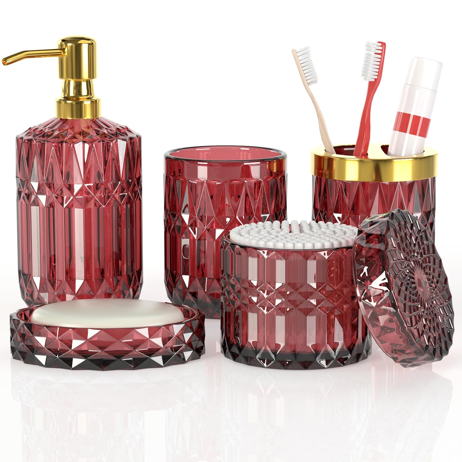 5Pcs Bathroom Accessories Set, Glass Soap Dispenser Set with Rust Proof Stainless Steel Pump, Soap Holder, Toothbrush Holder, Tumbler, Cotton Swab Jars, Red Bathroom Set Bathroom Decor Sets Gift