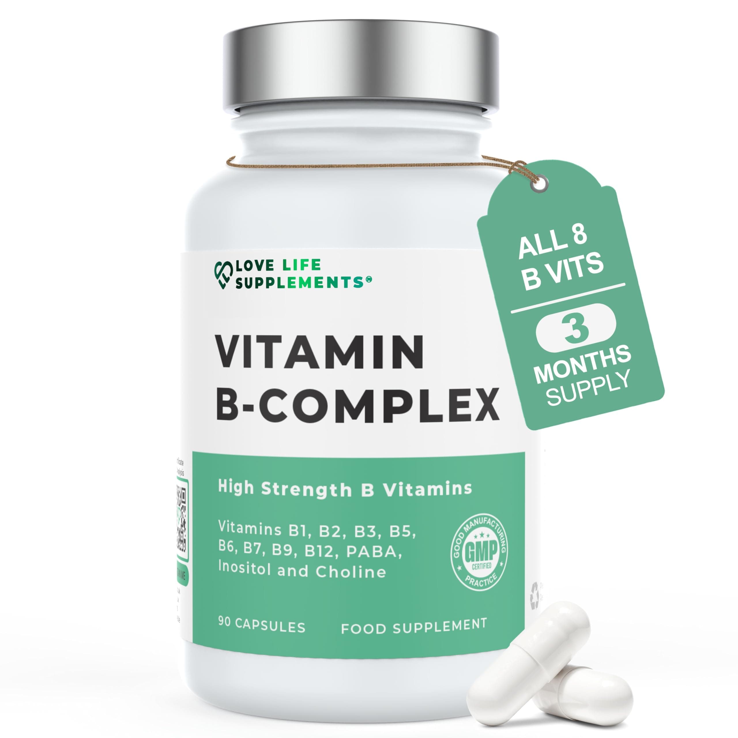 Vitamin B Complex High Strength | 90 Capsules - 90 Day Supply | All 9 B Vitamins B1-B2-B3-B5-B6-B7-B9-B10-B12, Inositol and Choline | Completely Clean - No Fillers | Love Life Supplements