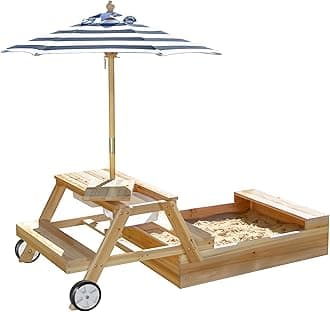 Teamson Kids 2-in-1 Wooden Sandbox with Cover and Picnic Table, Outdoor Sandbox with Lid, Sand Box for Kids Ages 4-8, Outdoor Playset with Accessories, Perfect for Backyard, Beach