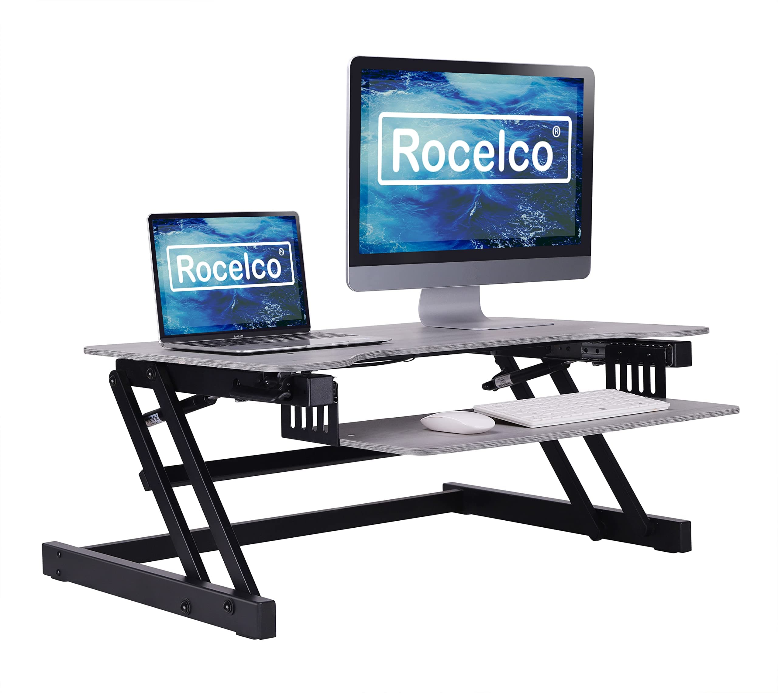 Rocelco 37.5" Deluxe Height Adjustable Standing Desk Converter - Quick Sit Stand Up Dual Monitor Riser - Gas Spring Assist Computer Workstation - Large Retractable Keyboard Tray - Gray (R DADRG)