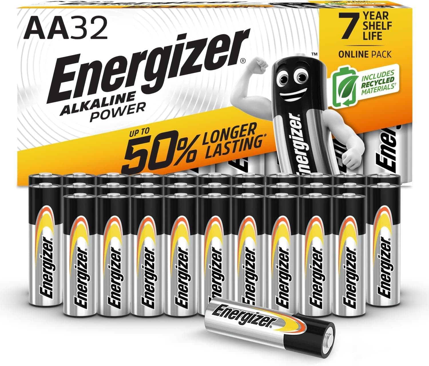 Energizer Alkaline Power - AA Batteries (32 Pack) - Double A Battery 1.5V - Up to 50% Longer Lasting - for Everyday Devices - 100% Recyclable Packaging - 7 Year Shelf-Life [Amazon Exclusive]