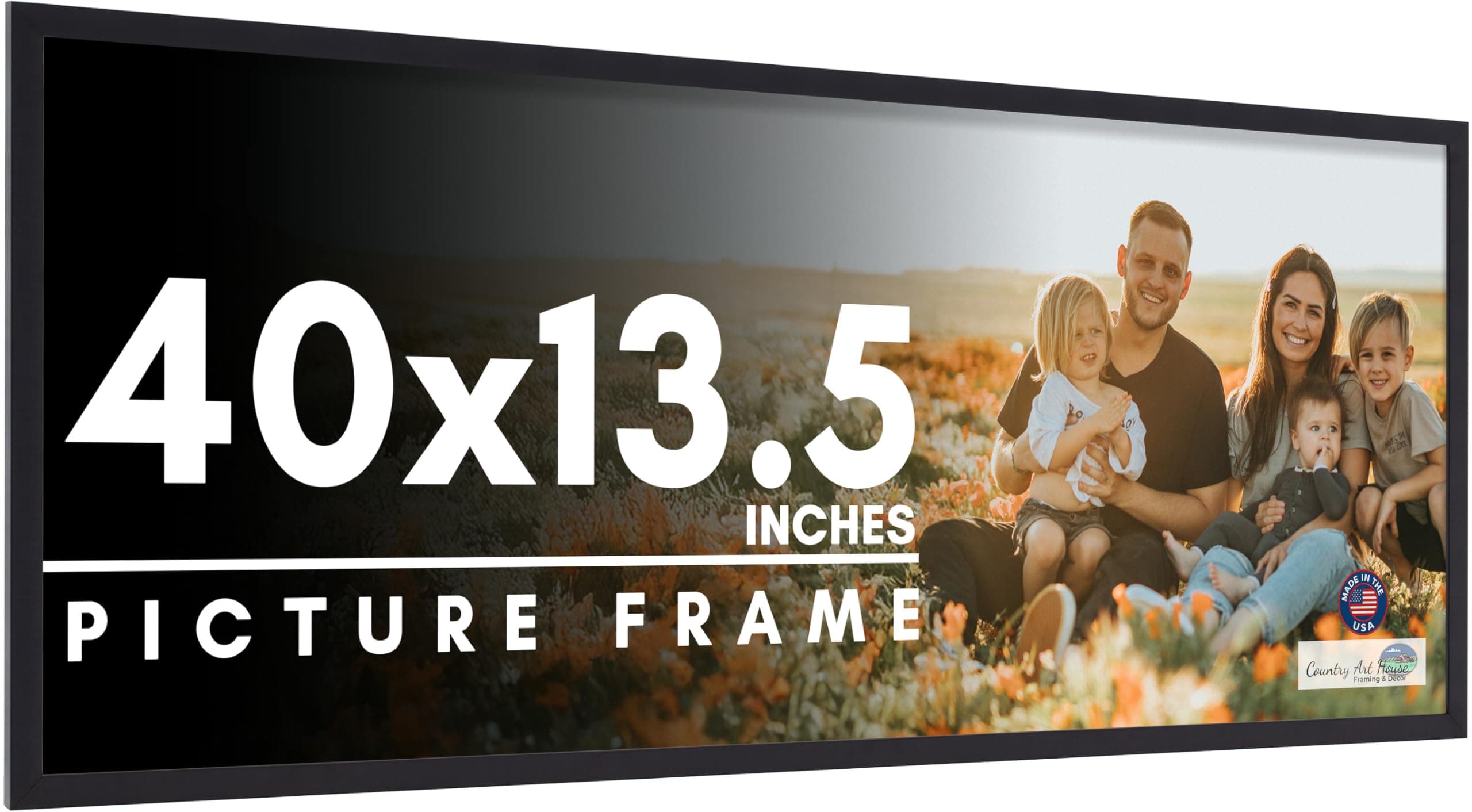 40x13.5 Frame Black Picture Frame - Complete Modern Photo Frame Includes UV Acrylic Shatter Guard Front, Acid Free Foam Backing Board, Hanging Hardware Wood Wall Frames for Family Photos - no Mat