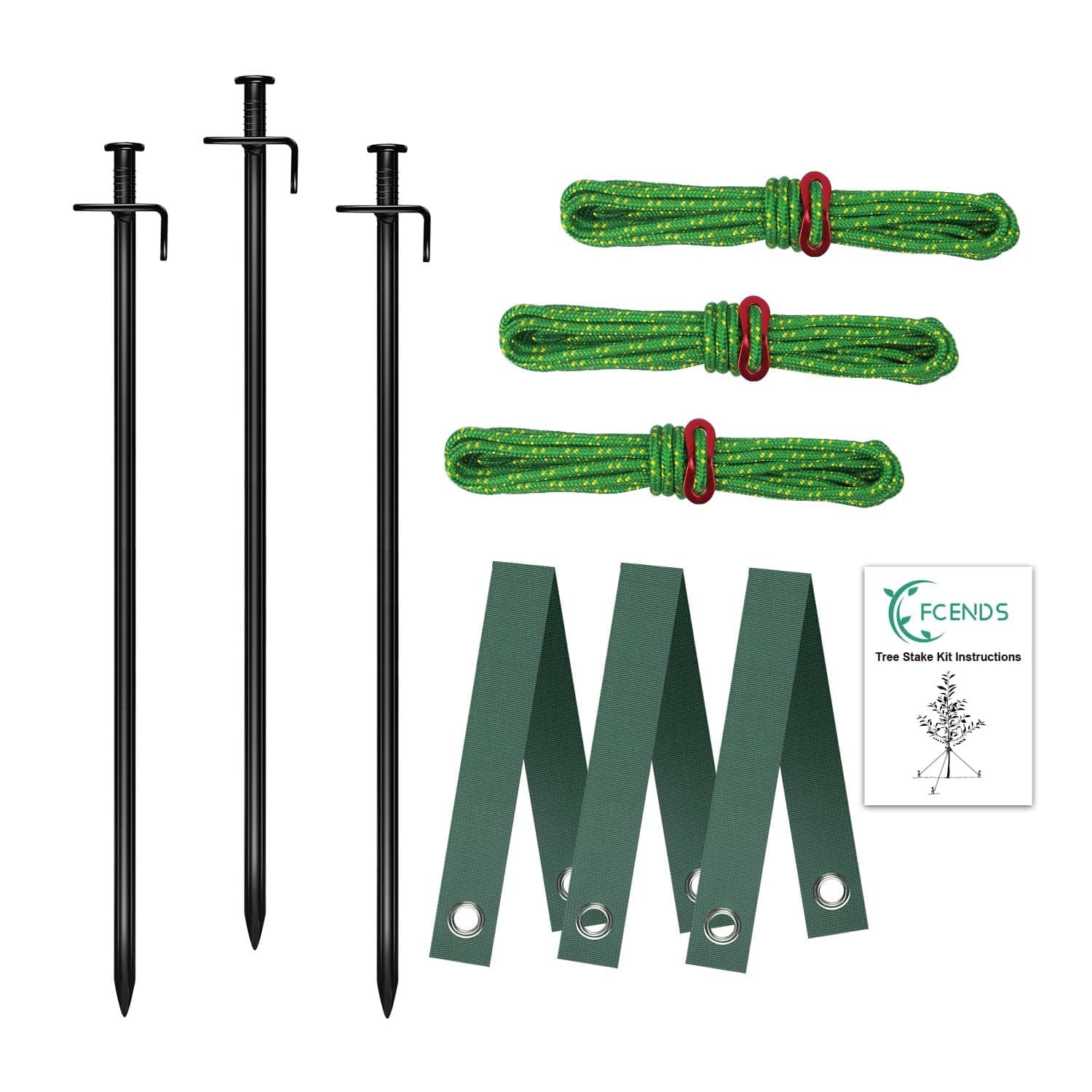 Tree Stake Kit, Heavy Duty Anchor Support for Young Trees in Bad Weather, Includes 3 Tree Straps, 3 Metal Stakes (11.8 in), and 3 Ropes