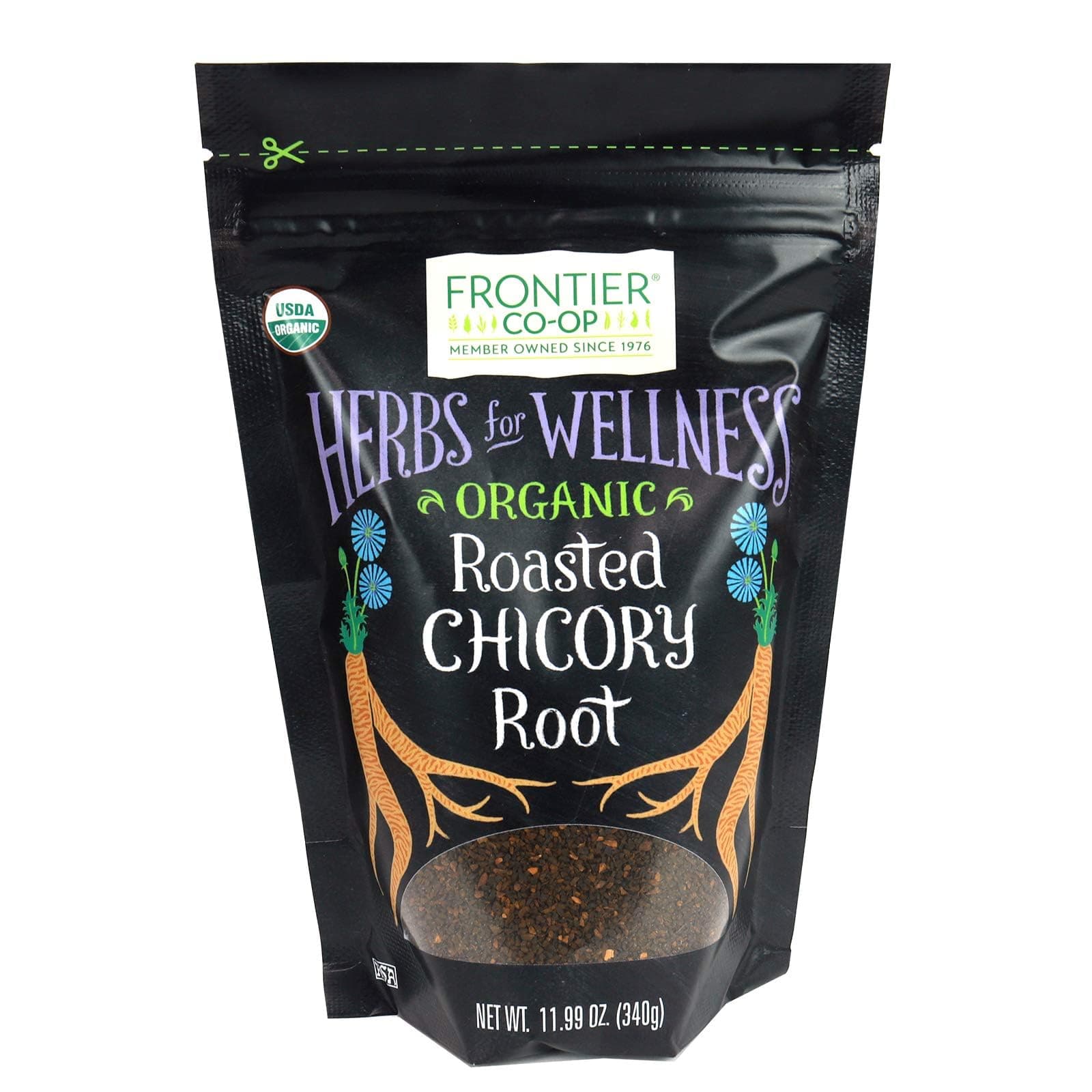 Frontier Co-op Organic Roasted Chicory Root Granules 11.99oz - Chicory Root Coffee Substitute Alternative - Stand Up Resealable Bag
