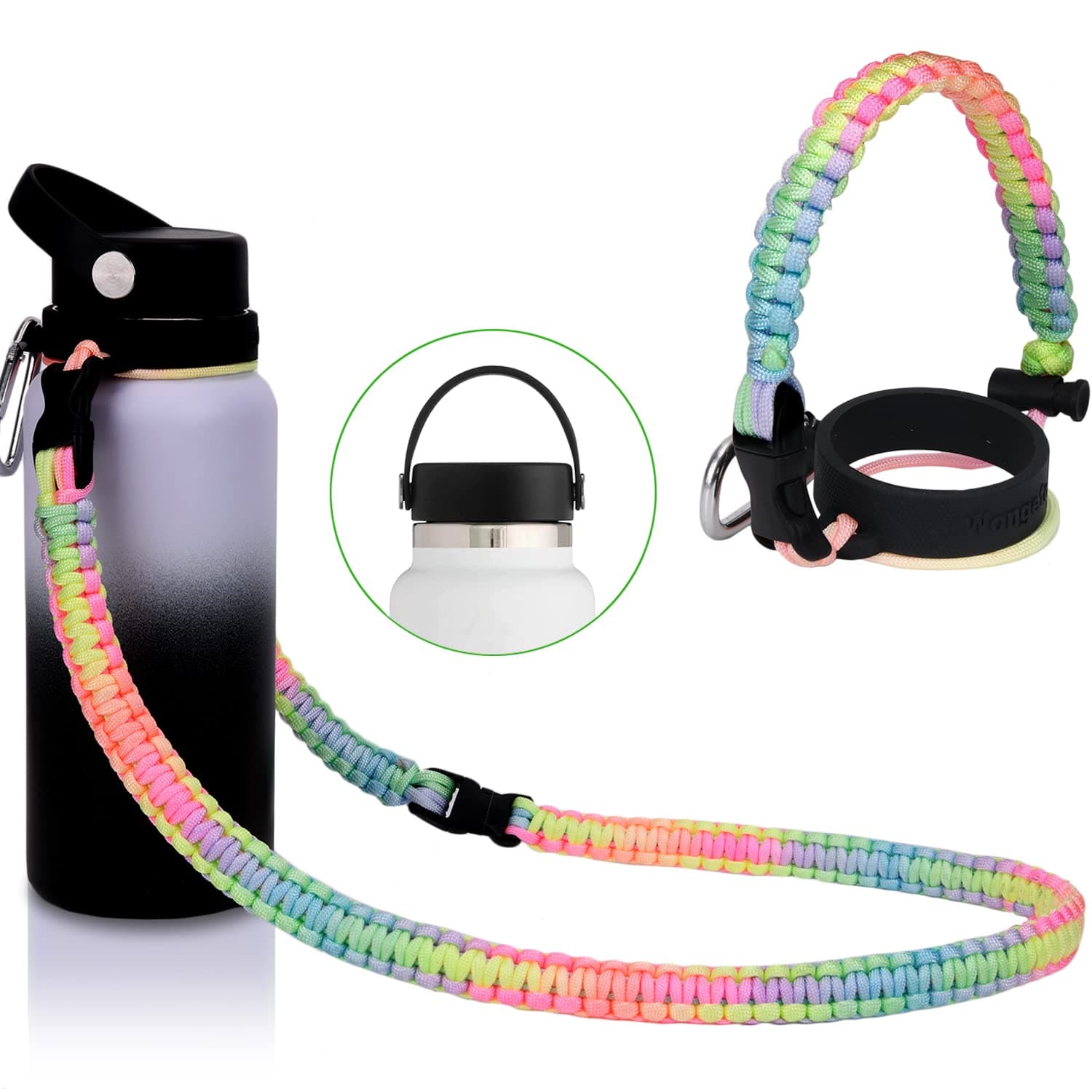 Wongeto Paracord Handle with Shoulder Strap Compatible with Hydro Flask 2.0 (New 2020 Redesigned) Wide Mouth Bottles, Fits 12oz to 64oz for Men Women Kids Travel Camping Walking Hiking