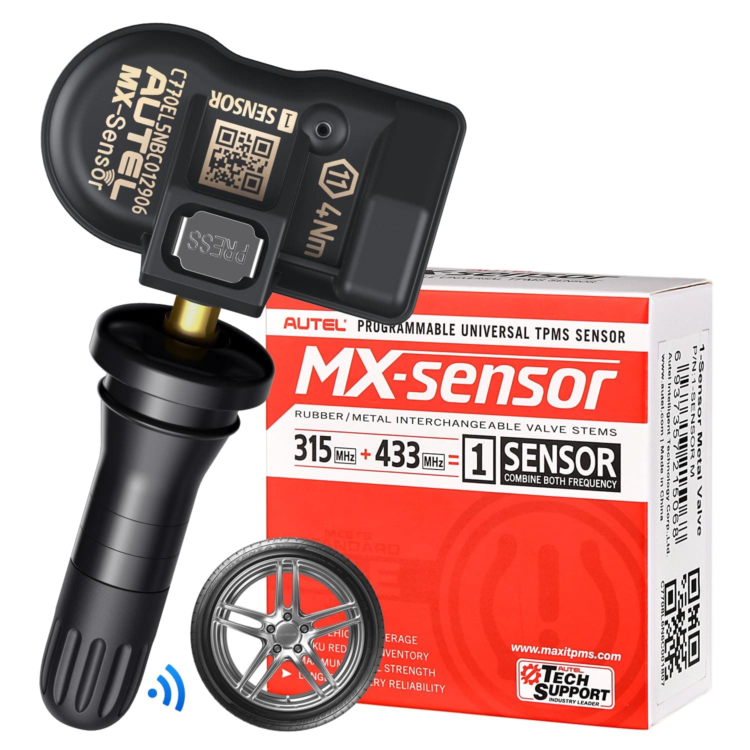 TPMS MX Sensor 315MHz 433MHz Dual Frequency 1-Sensor, OEM Quality Universal Tire Sensors, 100% Programmable with Autel TS408S TS501 TS508 TS508WF MK808S-TS MS906TS (1PCS Press-in Rubber Valve)