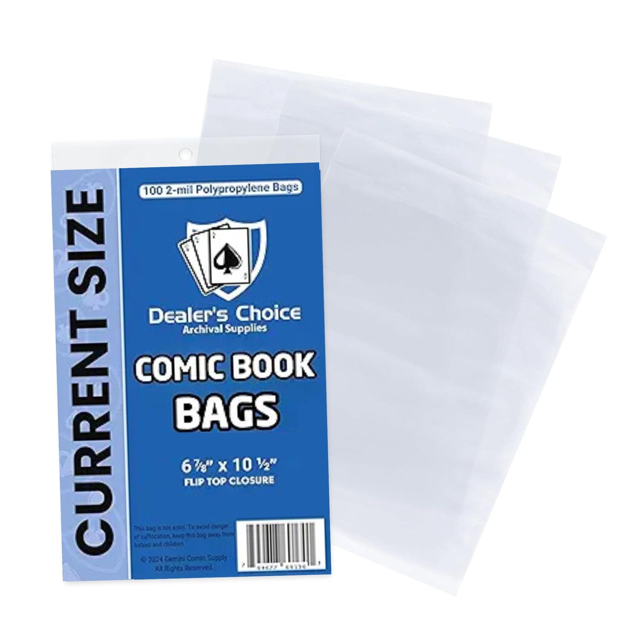 Gemini Premium Comic Book Bags | 100ct Current Size Comic Book Sleeves (6 7/8" x 10 1/2") | 2-mil Polypropylene, Acid-Free, 1-1/2" Fold Over Flap, Enhanced Clarity and Protection