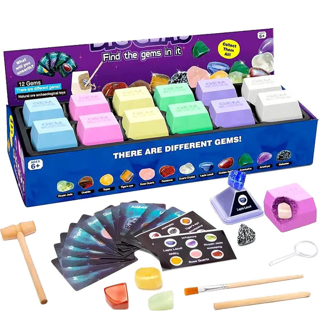 Gemstones Dig Kit - Dig it up 12 Gemstone and Crystal for Kids Gems Digging Kit Mineral & Rock Collection for Kids Archaeology Geology Science Educational Gift STEM Toys for Boys & Girls