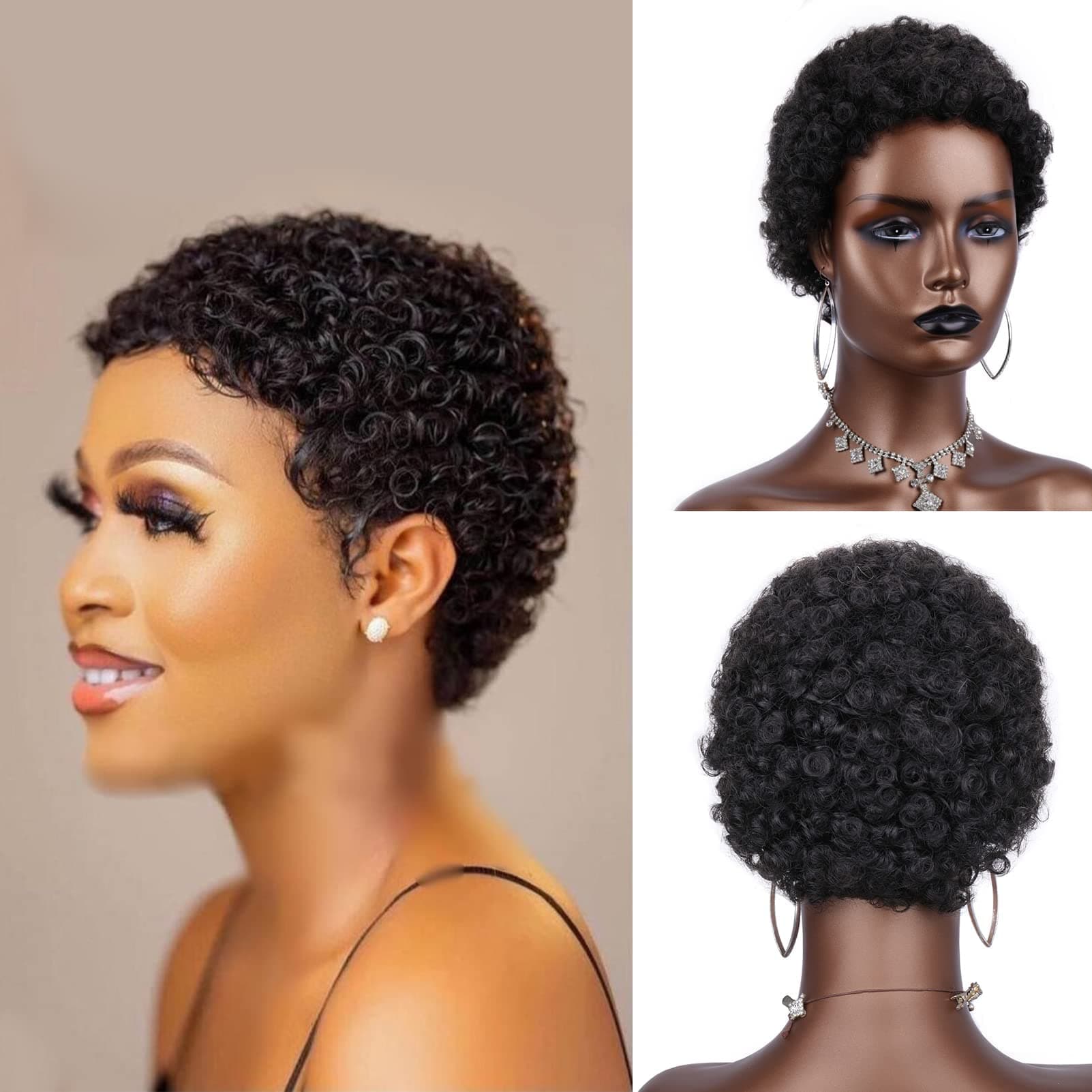 KASTWAVE Short Afro Curl Pixie Wigs 100% Human Hair Wig Brazil Remy Human Hair No Lace Wig Boy Hairstyle Kinky Jerry Curly Wig for Men And Women