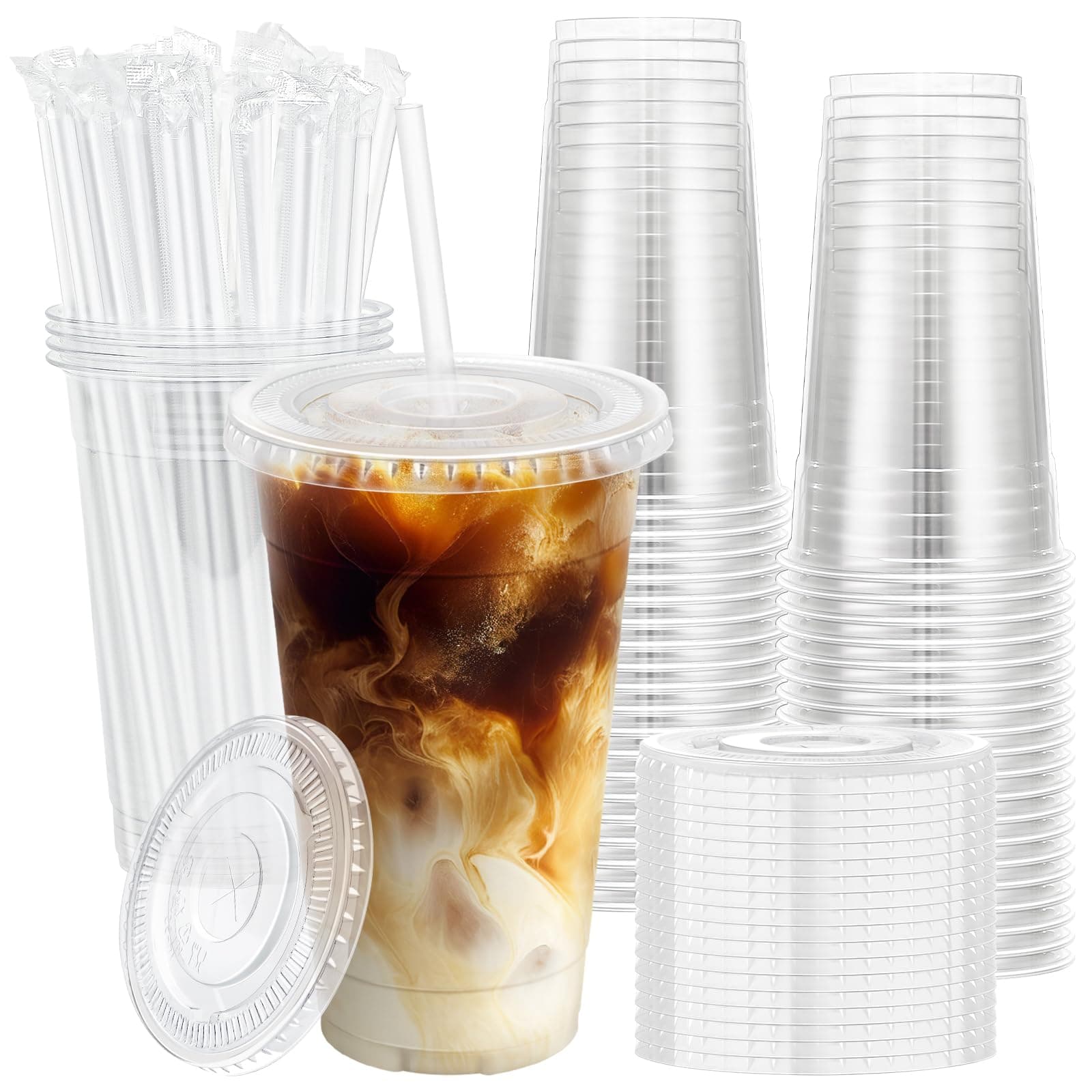 100 Pack 20 oz Clear Plastic Cups with Lids and Straws, Disposable Iced Coffee Cups with Lids for To-Go Cold Drinks, Smoothies and Slushie