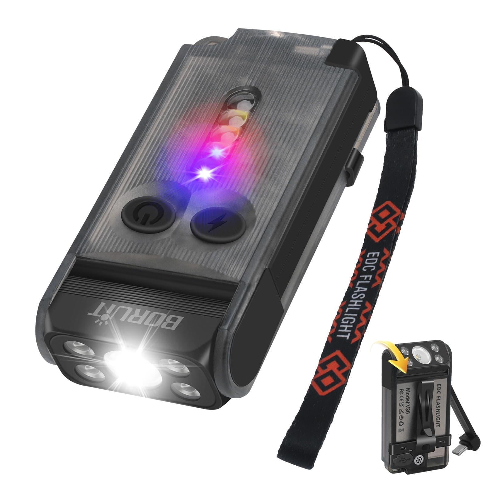 V30 LED Small Powerful EDC Flashlight with Red and 365nm UV Light,180°Rotation,USB A/C-C Rechargeable Pocket Flat Keychain Flashlight with Clip,120DB Buzzer,Power Bank Function(Black)