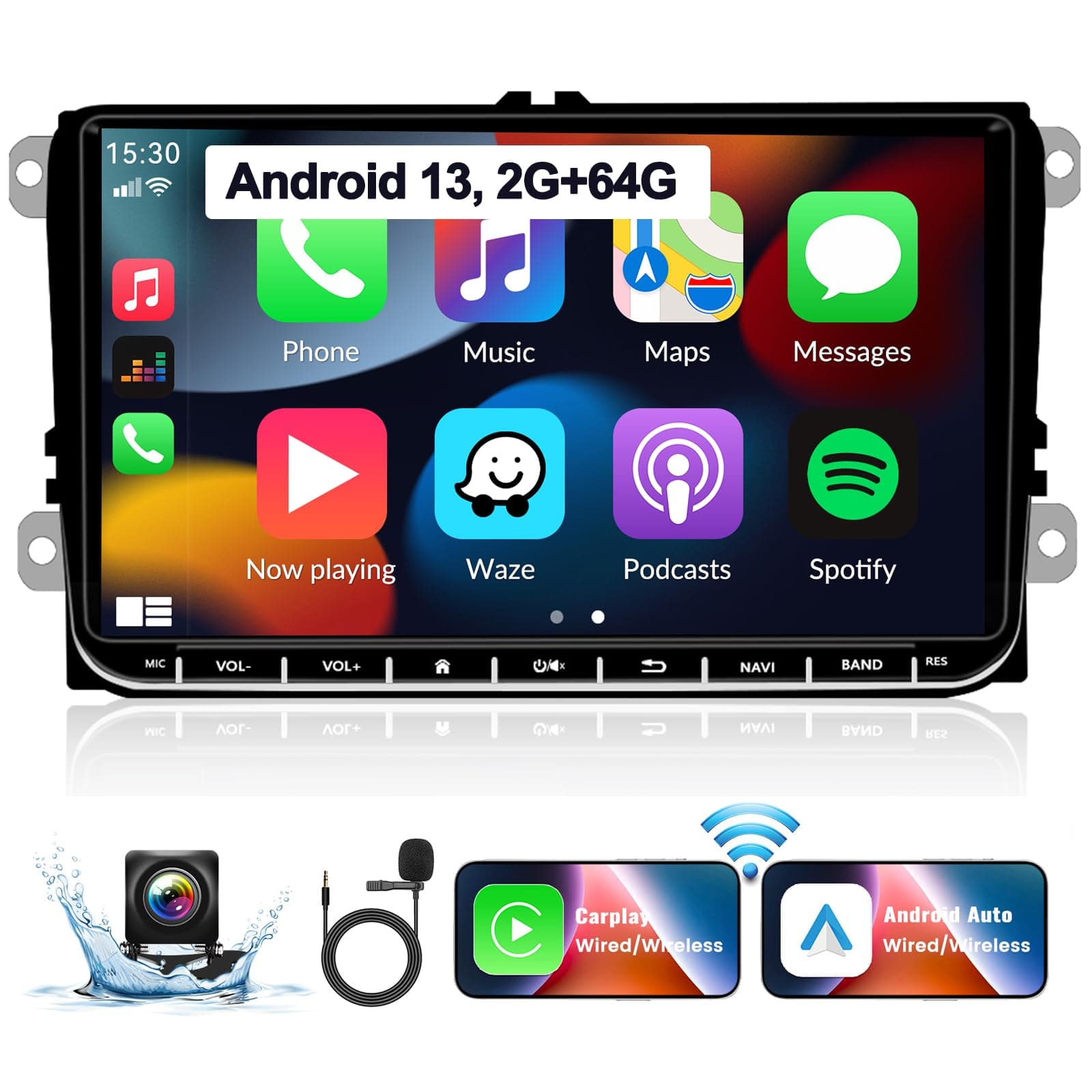 UNITOPSCI 2G+64G Android 13 Car Stereo for VW Passat Jetta Golf Touran Seat Skoda Wireless Apple CarPlay Android Auto Bluetooth GPS Navigation 9 Inch Touchscreen WiFi/HiFi FM/RDS + Backup Camera Mic