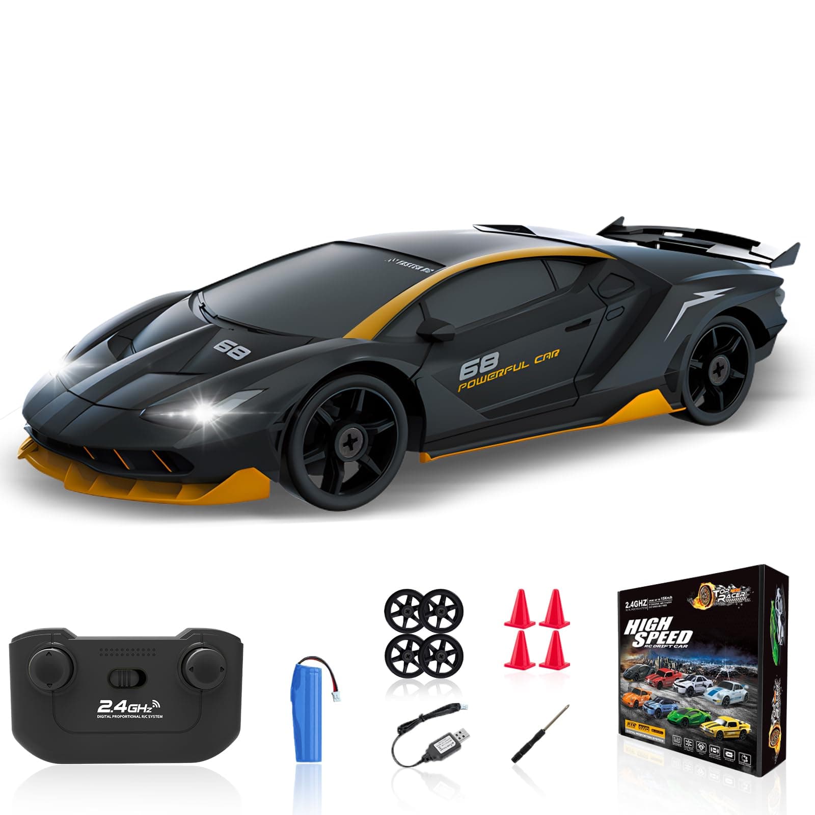RC Drift Car 2.4GHz 1/24 Remote Control Car 4WD High Speed Drifting Cars with Light Rechargeable Battery and Drift Tires RC Cars Toys for Kids Adults Girl Boys, Black