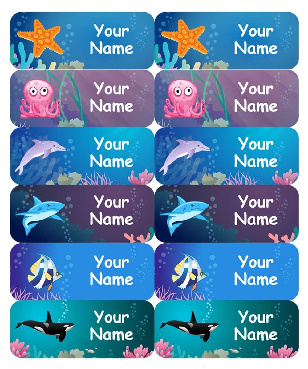 96 Personalised, Waterproof Medium Stick on Name Labels for kids (50x20mm) - Under the Sea Design - Ideal for School items - Water Bottles, Snack Boxes, Sports Gear, Musical Instruments etc. NOT suitable for Clothes.