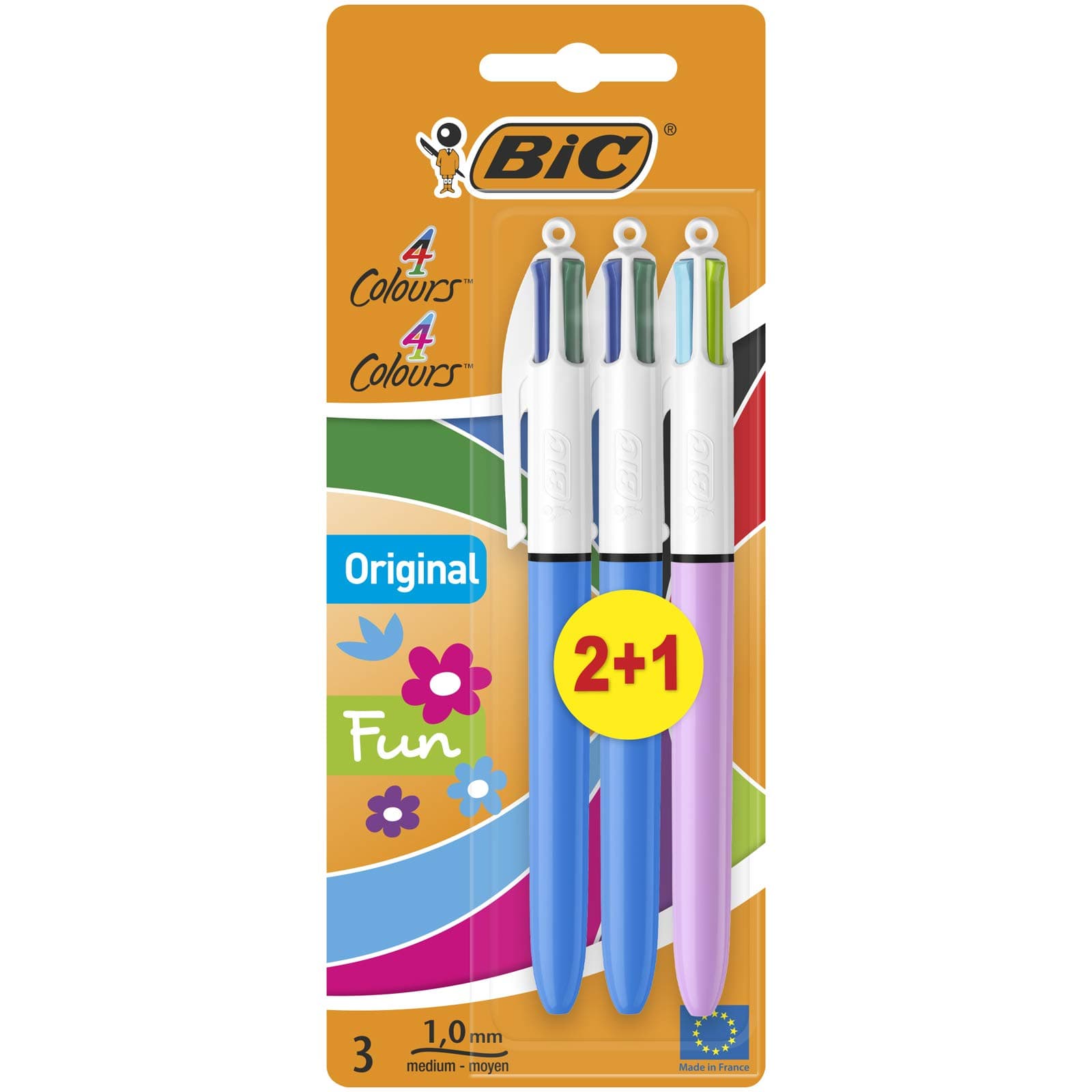 Bic 4 Colours Original and Fun Ball Pens - Medium Point (1.0 Mm), Assorted Barrel Colours, Mixed Pack of 2+1, 883783