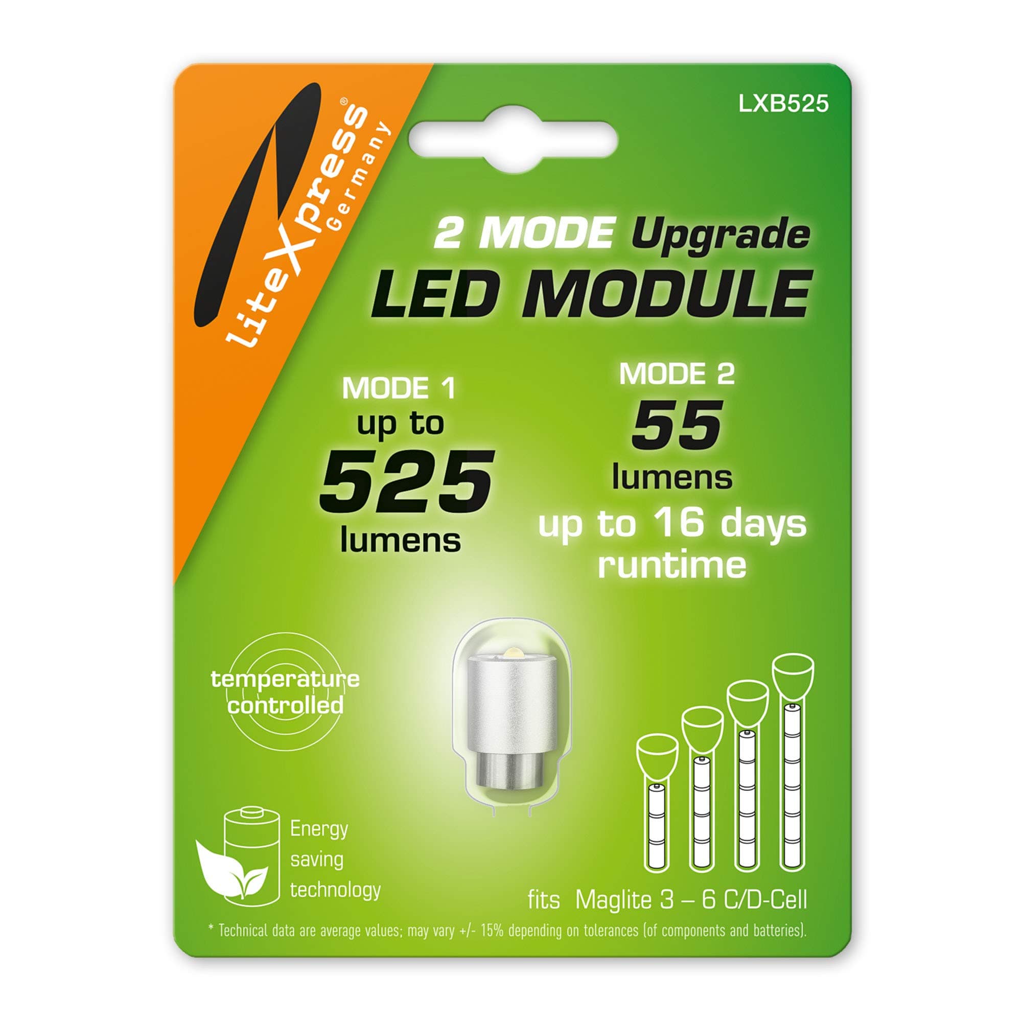 LiteXpress LXB525 2-Mode LED Upgrade Module 525 or 55 Lumens for 3-6 C/D Selma Light Torch