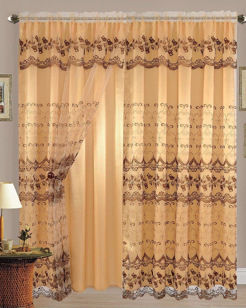Sally Textile Aliya Embroidered Panel with Attached Valance and Backing, 55x84 Inches, 2-Pack (Gold-Brown)