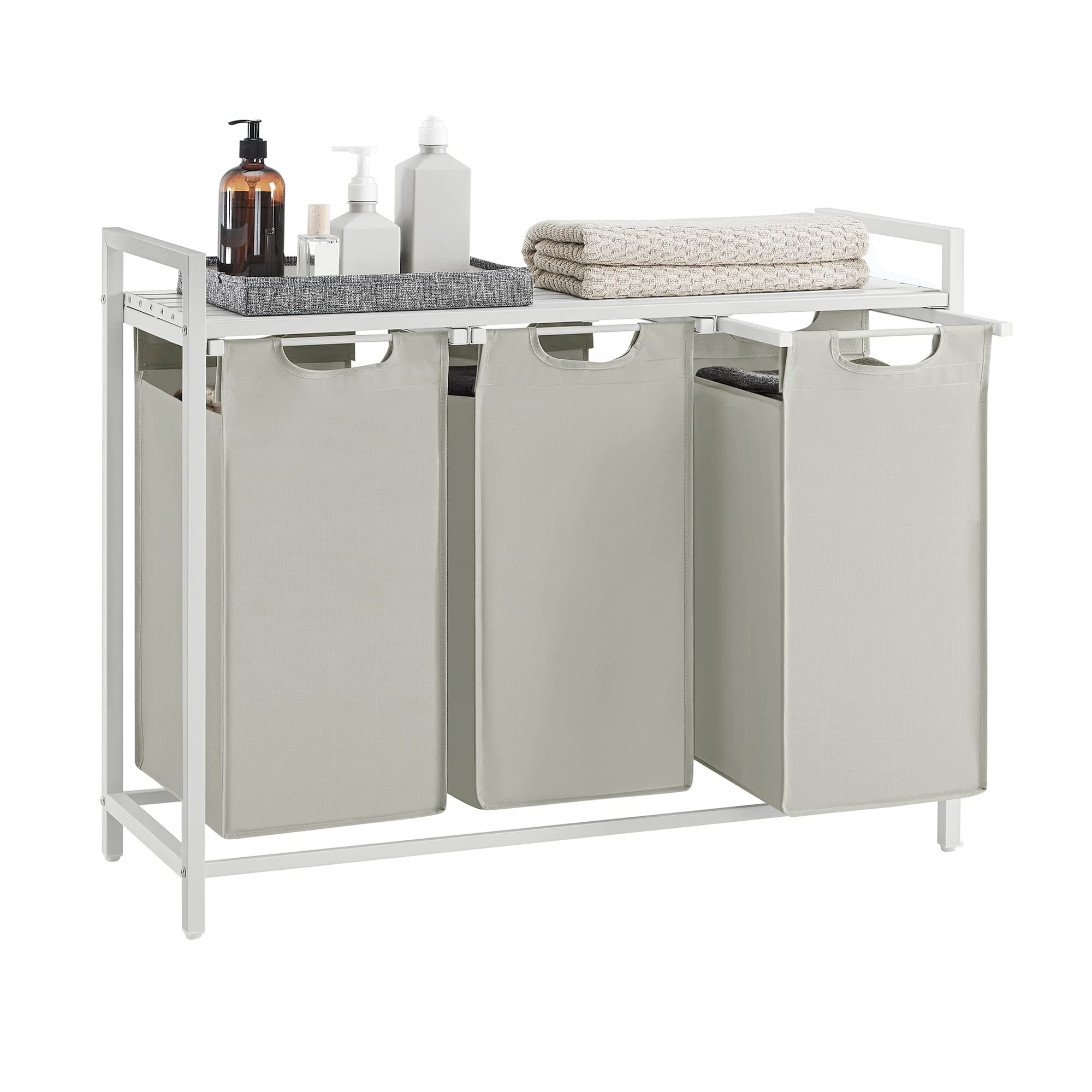 VASAGLE Laundry Hamper, Laundry Basket, Laundry Sorter with 3 Pull-Out and Removable Bags, Shelf, Metal Frame, 3 x 10 Gallons (38L), 36.4 x 13 x 28.4 Inches, White UBLH301W01
