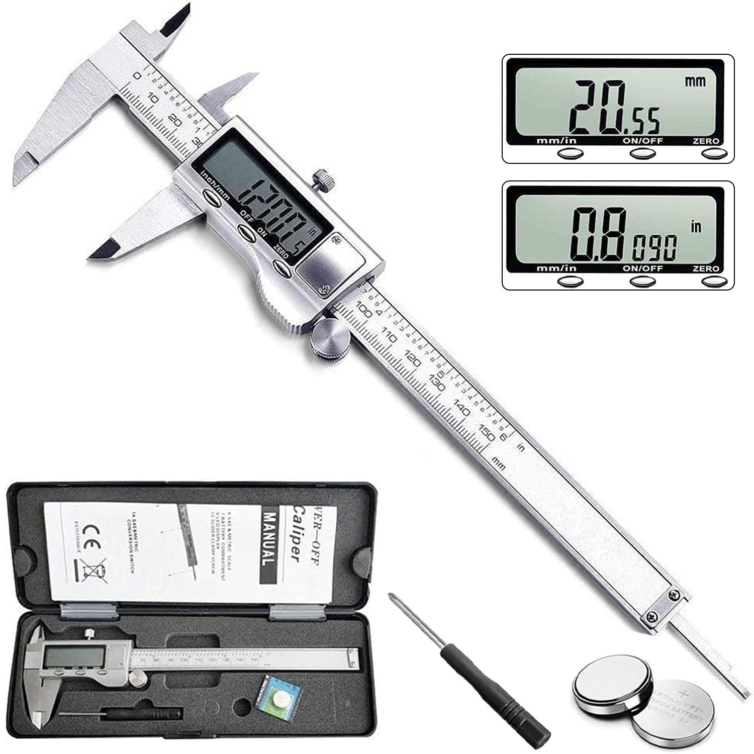 Digital Caliper, Caliper Measuring Tool with Stainless Steel, Electronic Micrometer Caliper with Large LCD Screen, Auto-Off Feature, Inch and Millimeter Conversion (6 Inch/150 mm)