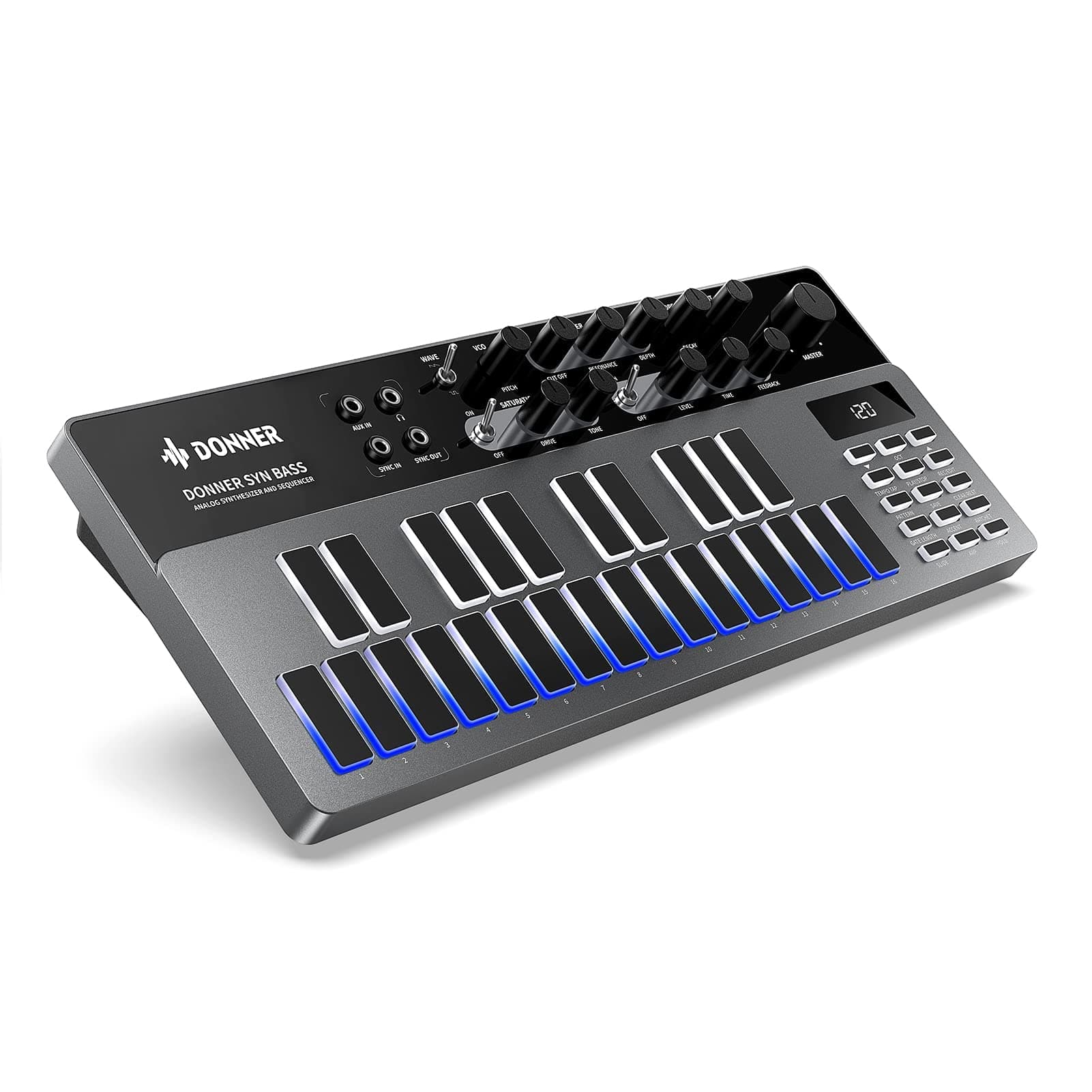 Donner Analogue Bass Synthesizer and Sequencer, B1 Controller with 128 Patterns, Saturation and Delay Effects, LED Display and MIDI IN/OUT