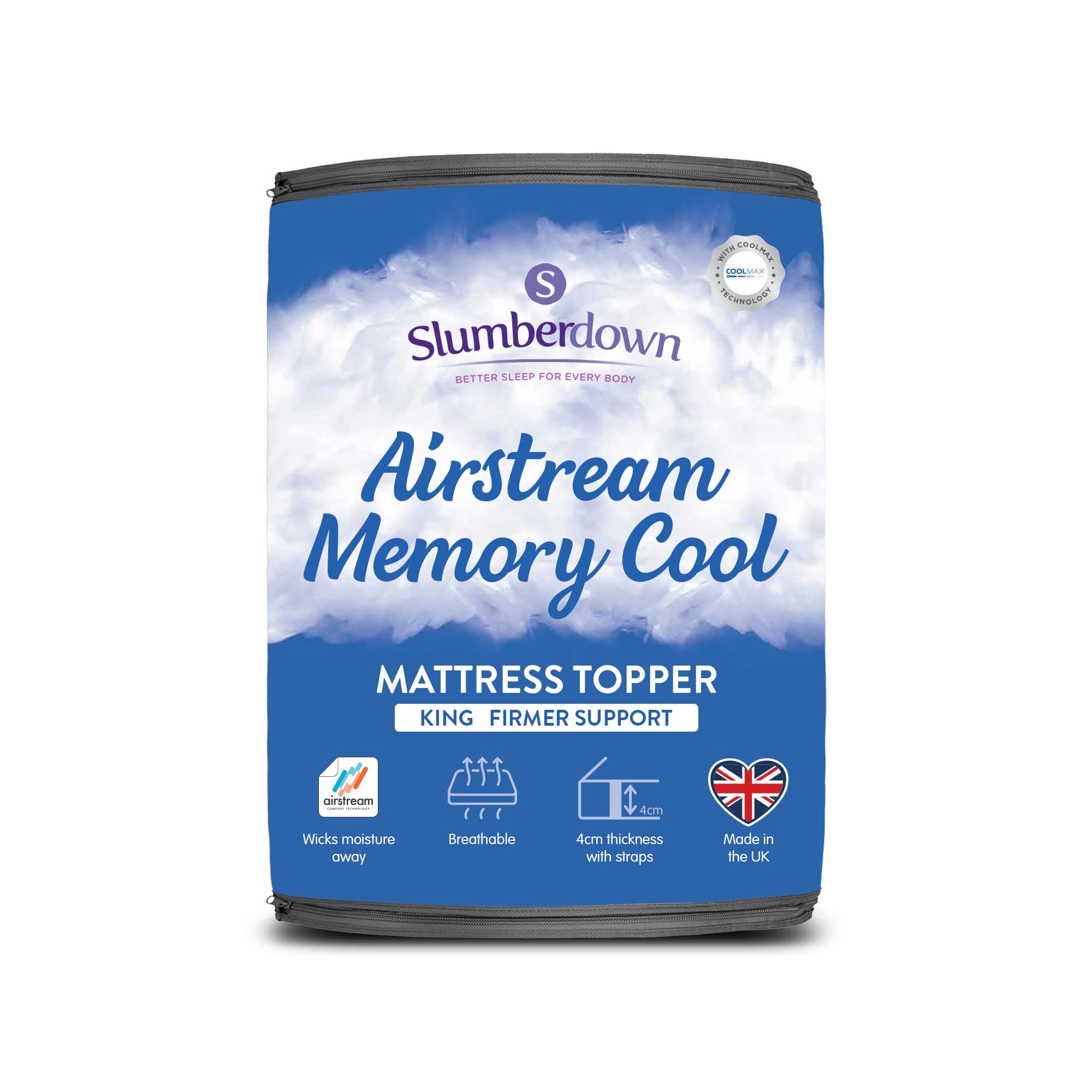 Slumberdown Memory Cool Mattress Topper Kingsize Bed - 4cm Breathable & Supportive Cooling Pad for Hot Sleepers | CoolMAX® Knit Cover, UK-Made, Non-Allergenic, Elasticated Straps (150 x 200cm)OEKO-TEX STANDARD 100