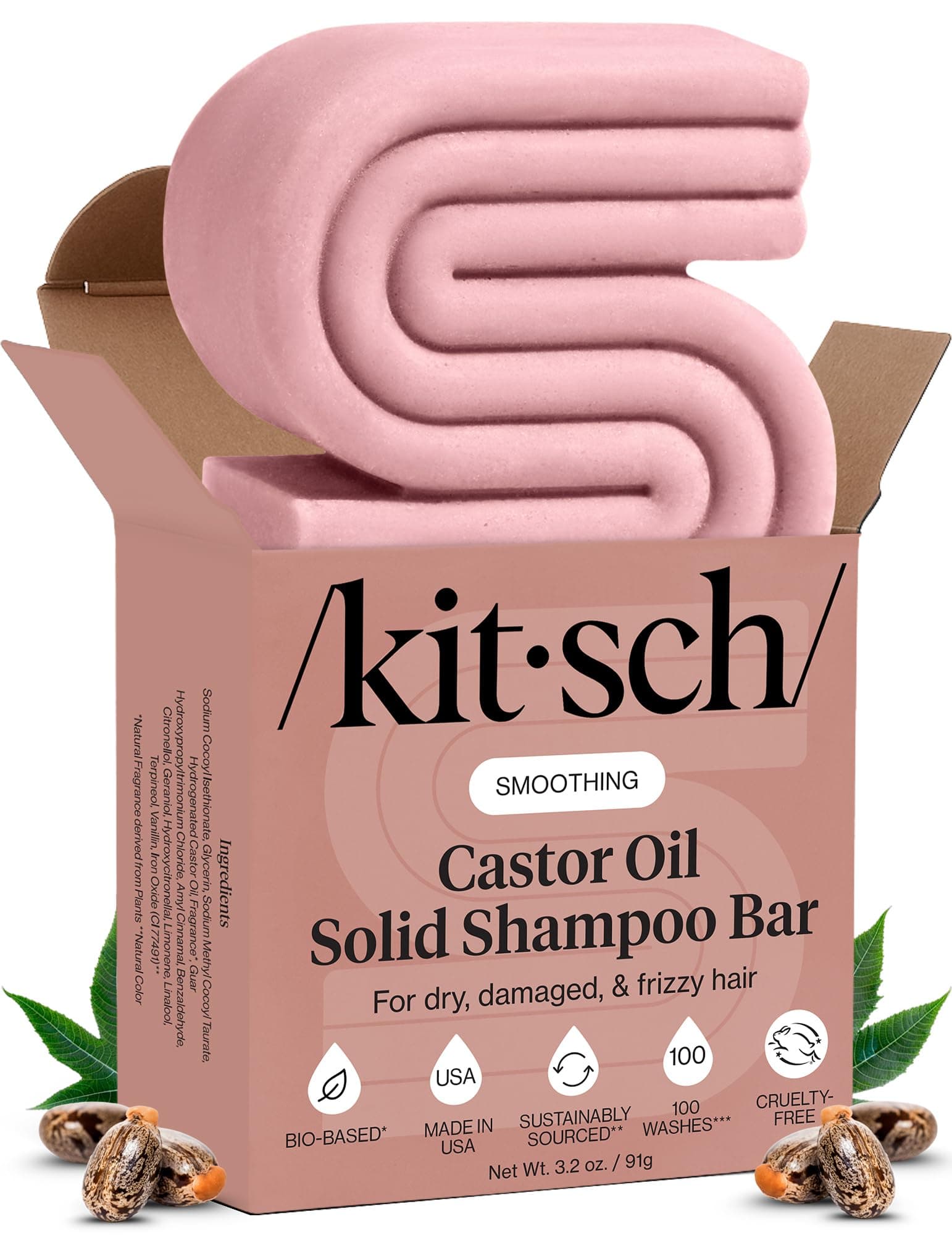 Kitsch Shampoo Bar Castor Oil – Solid Bar Shampoo for Hydration, Strengthening and Moisturizing, Organic Castor Oil for Dull & Dry Hair, Vegan, Paraben-Free, Hair Care - 3.2 oz
