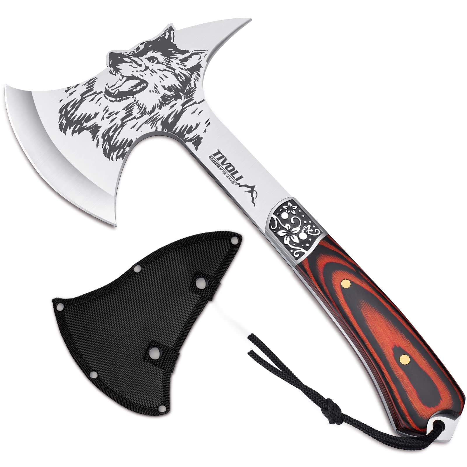 TIVOLI 13" Camping Axe, Wolf - Patterned Survival Hatchet with Nylon Sheath, High Carbon Steel Blade Compact Outdoor Bushcraft Axe with Ergonomic Wood Grip, Camping Gear for Hiking, Chopping, Hunting