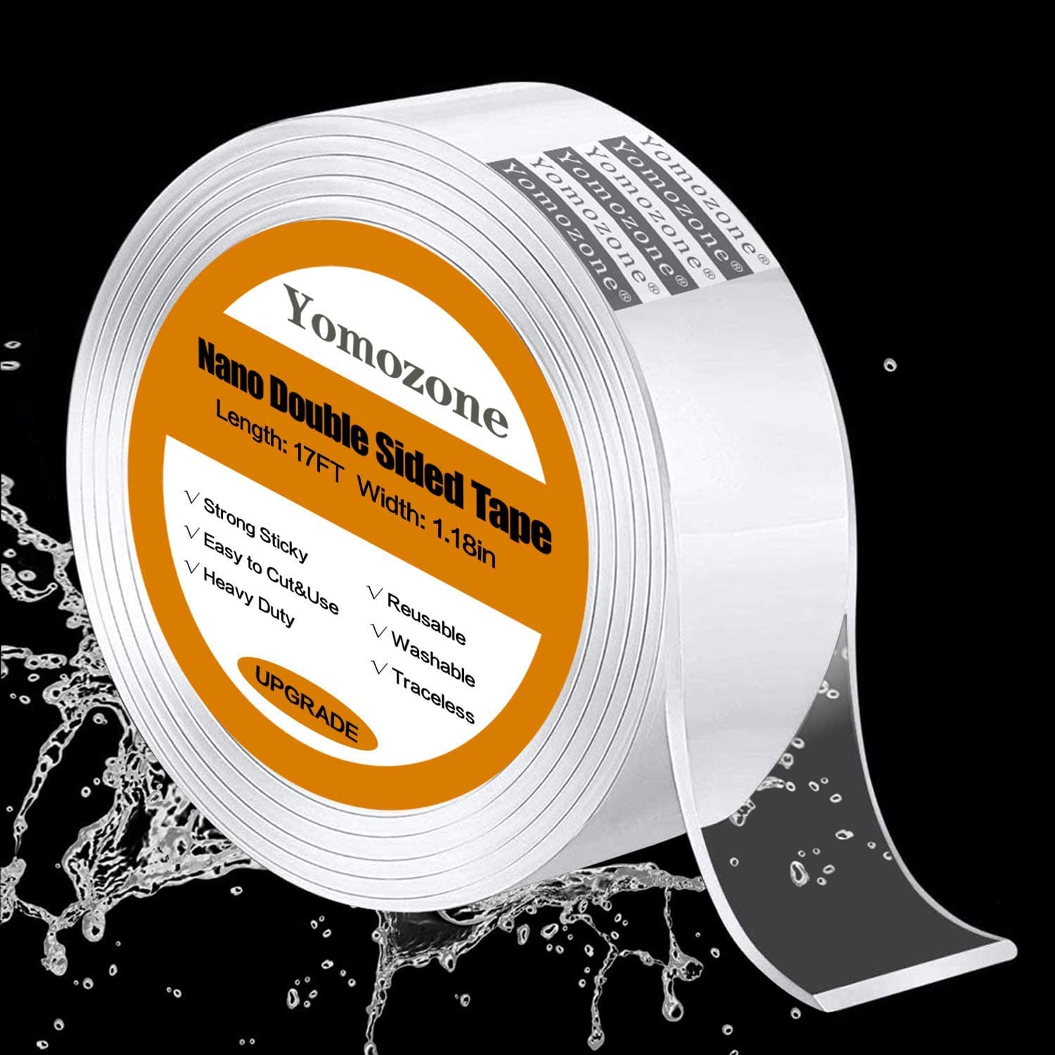 Double Sided Tape Heavy Duty, Multipurpose Removable Adhesive Transparent Grip Mounting Tape, Washable Strong Sticky Nano Tape for Wall Carpet Photo Frame Poster Car Décor—17 FT