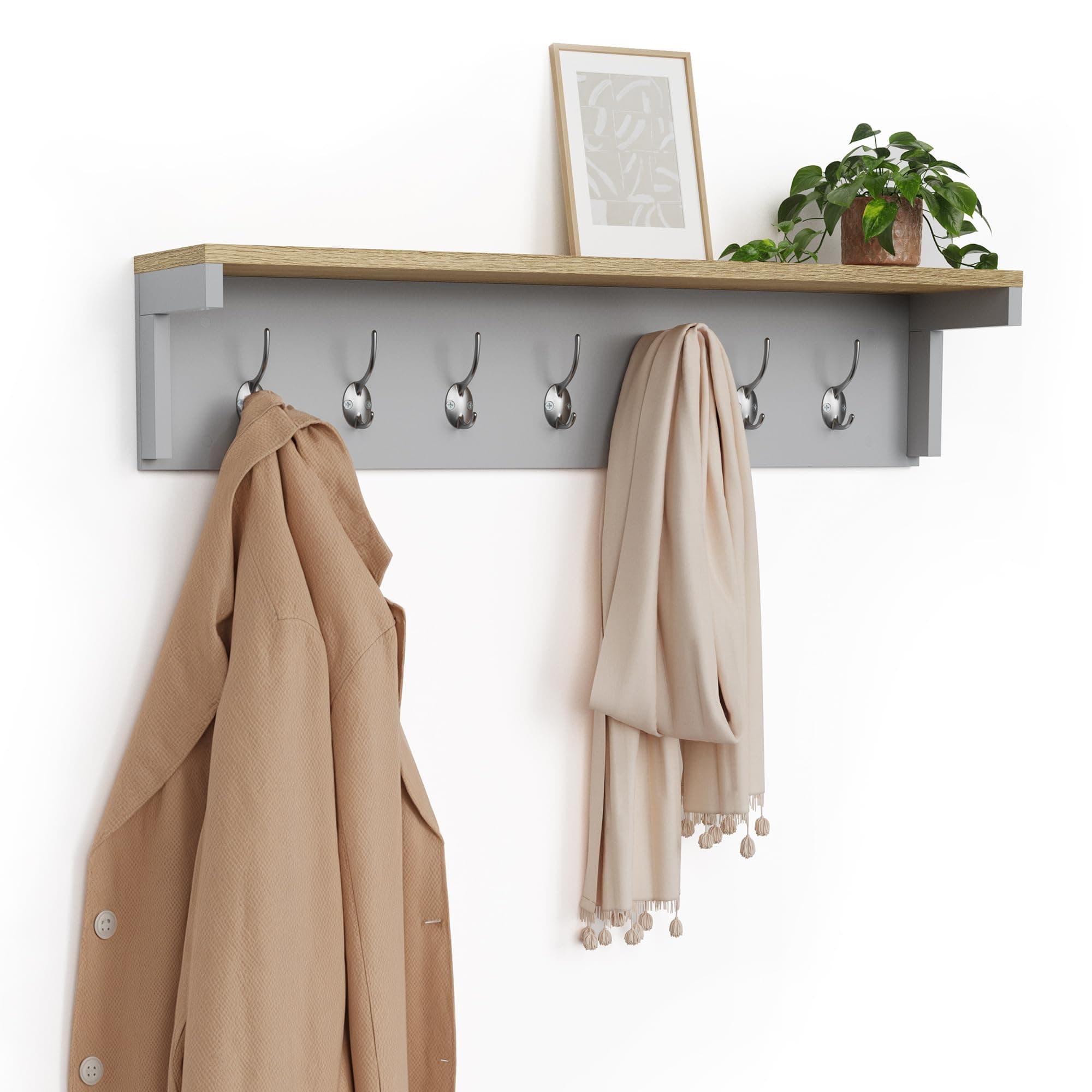 VonHaus Coat Hooks Wall Mounted - Grey Coat Rack with Shelf & 7 Strong Double Coat Hooks – Wall Mounted Coat Rack Hallway Organiser w/Ash Wood Veneer for Hall & Entryway for Coats, Scarves, Bags