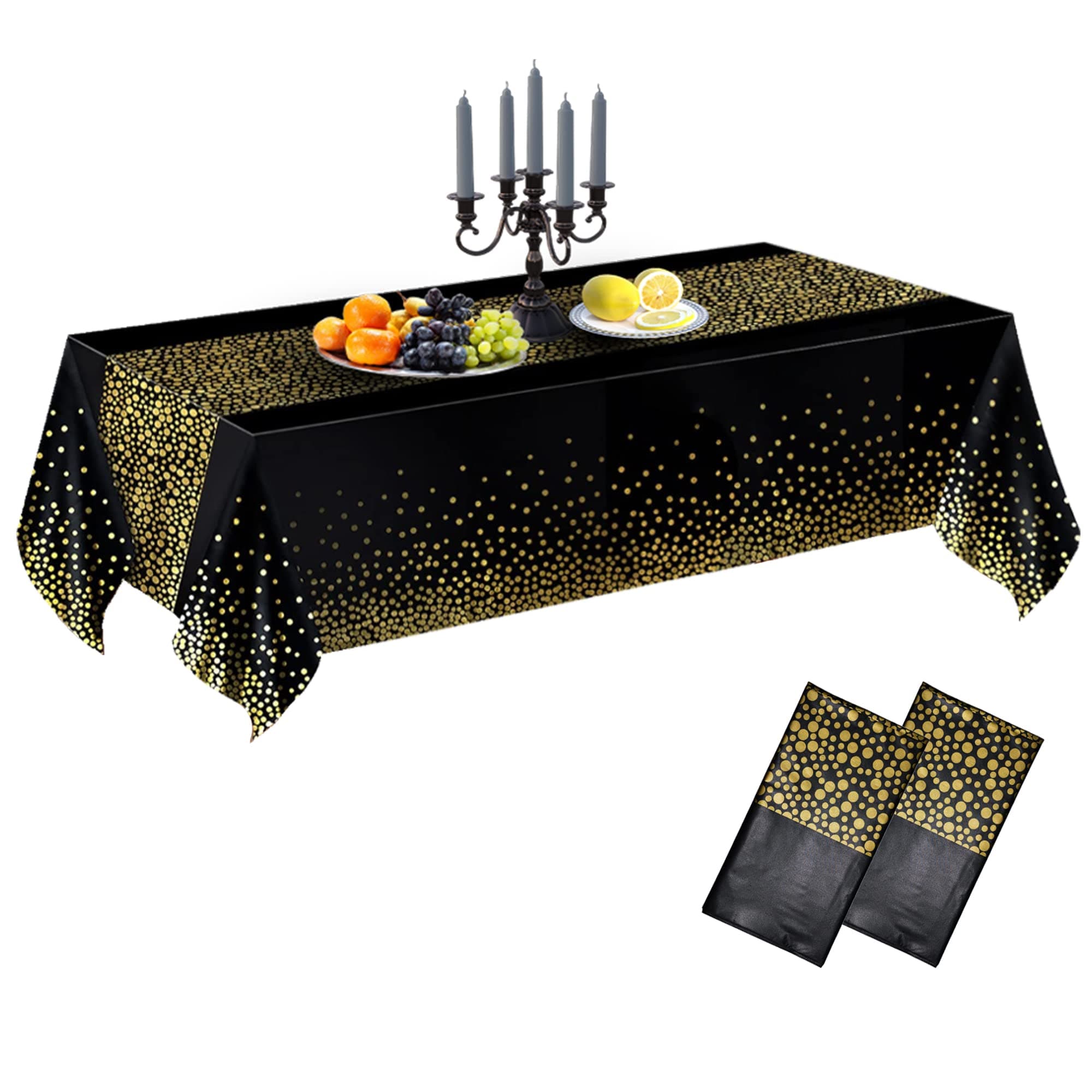 MOLFUJ 2 Pack 54" X 108" Thickened Black and Gold Plastic Table Cloths for Parties, PEVA Disposable Oil-Proof Tablecloth for 8ft Rectangular Table, Birthday Wedding Baby Shower