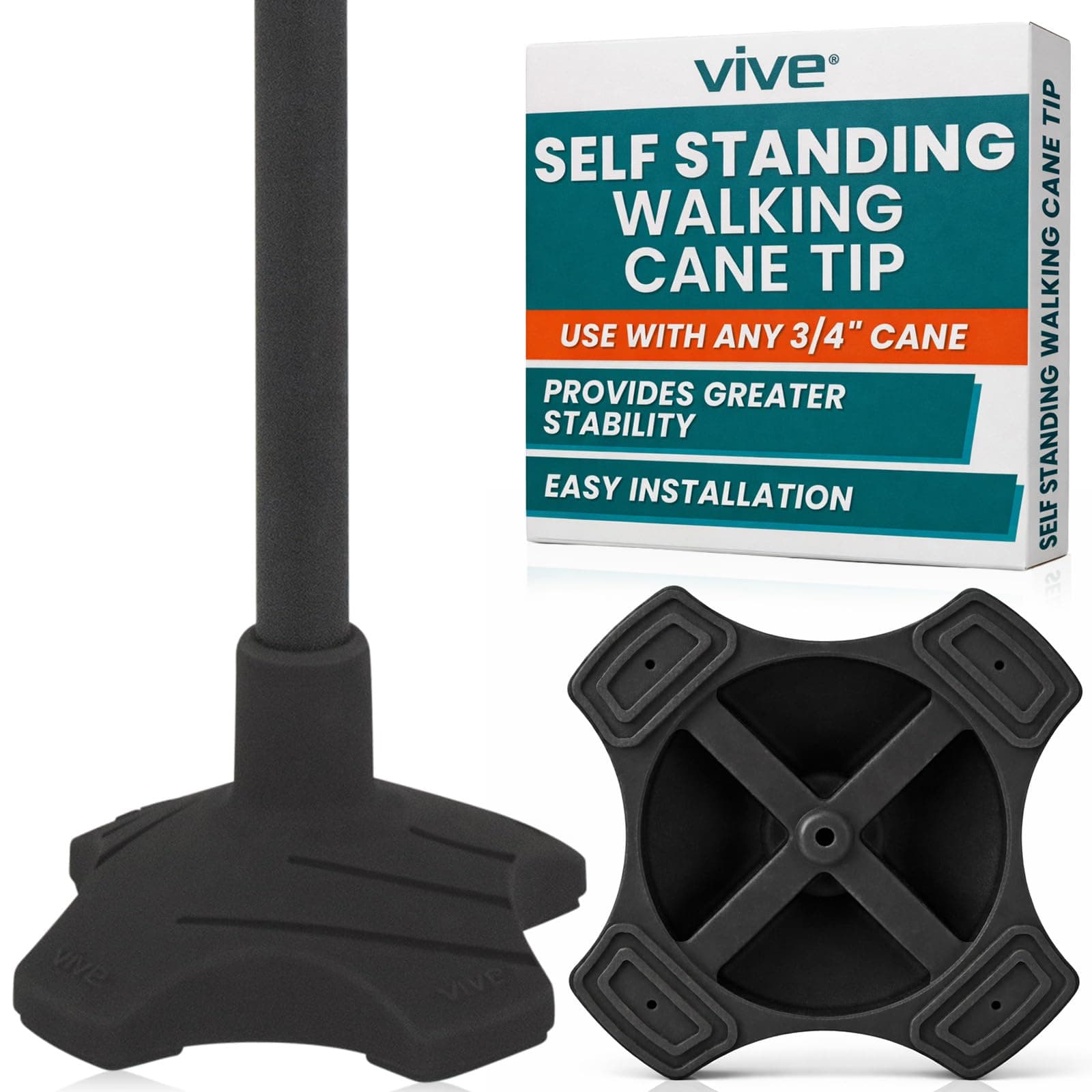 Vive Self Standing Walking Cane Tip 3/4 Inch Heavy Duty Replacement Quad - Rubber Cane Foot Base All Terrain for Walking Sticks, Folding & Medical Canes - Stabilizing Cane Tip for Men, Women (Black)