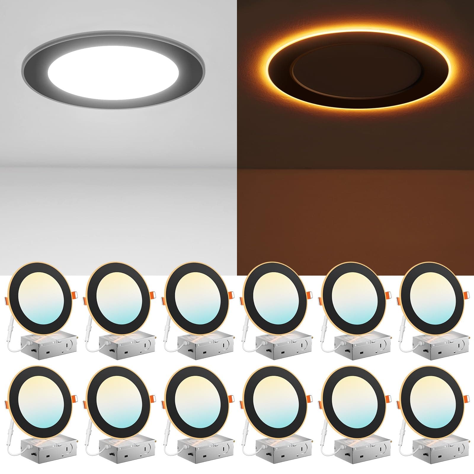 12 Pack Black 6 Inch 5CCT LED Recessed Ceiling Light with Night Light, 2700K/3000K/3500K/4000K/5000K Selectable Ultra-Thin Lighting, 12W=110W, 1100LM, Dimmable Canless Wafer Downlight - ETL&FCC